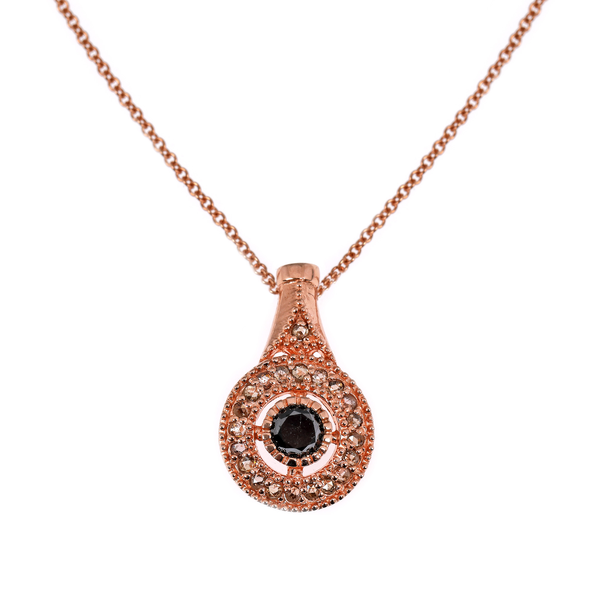 Silver chain with gilded pendant, decorated with black diamond and champagne diamonds