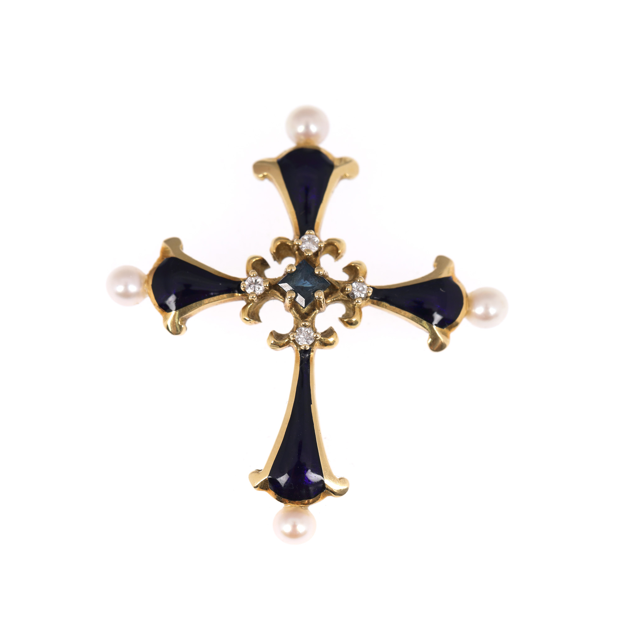 Fabergé white gold pendant, decorated with enamel, sapphire, pearls and diamonds