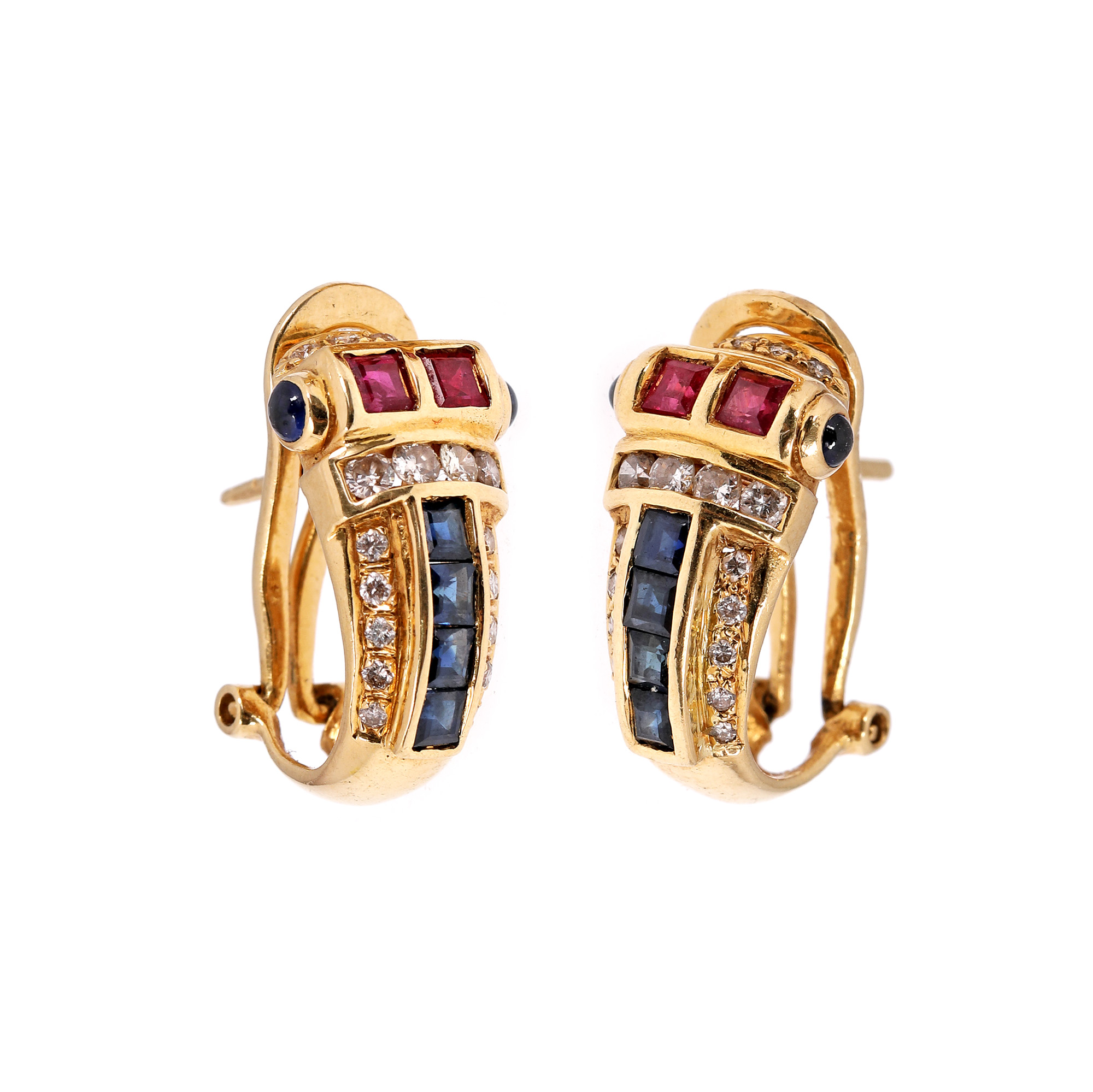 Pair of gold earrings, decorated with sapphires, rubies and diamonds