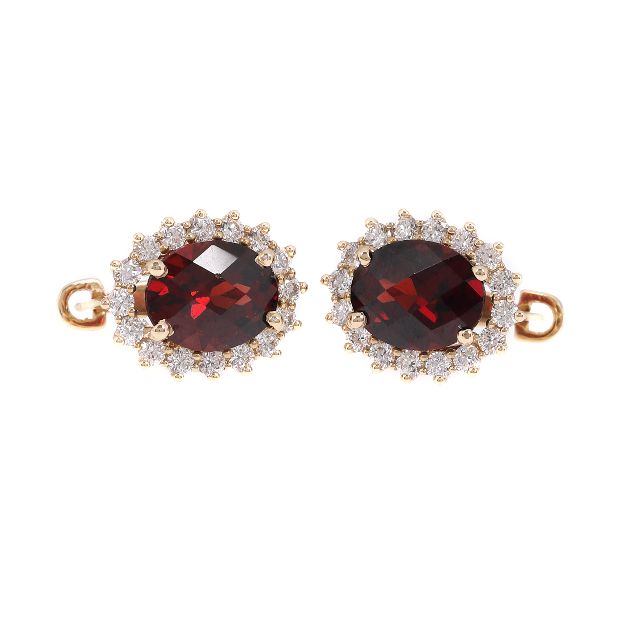 Pair of gold earrings, decorated with garnets surrounded by diamonds