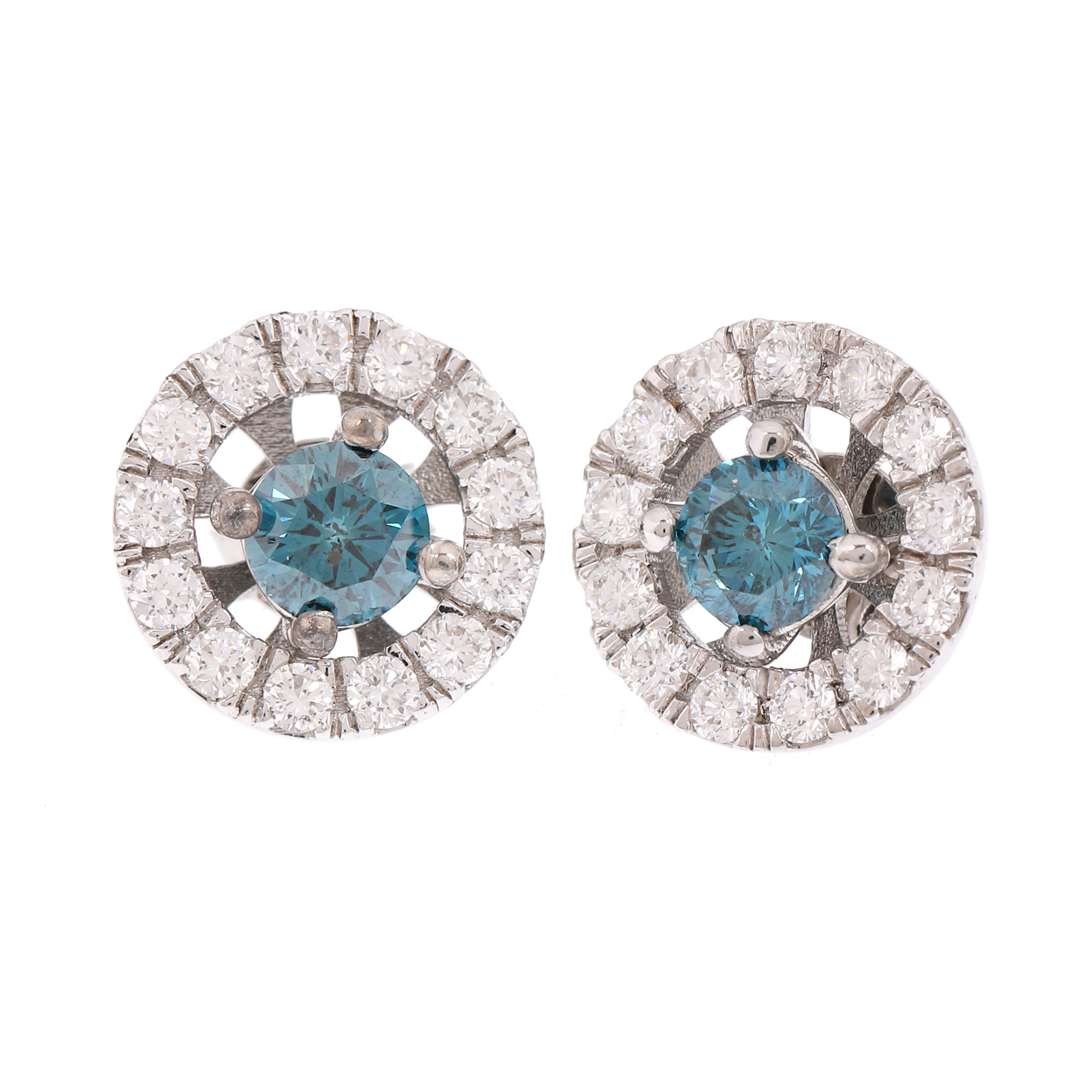Pair of white gold earrings, decorated with blue diamonds and brilliant cut diamonds