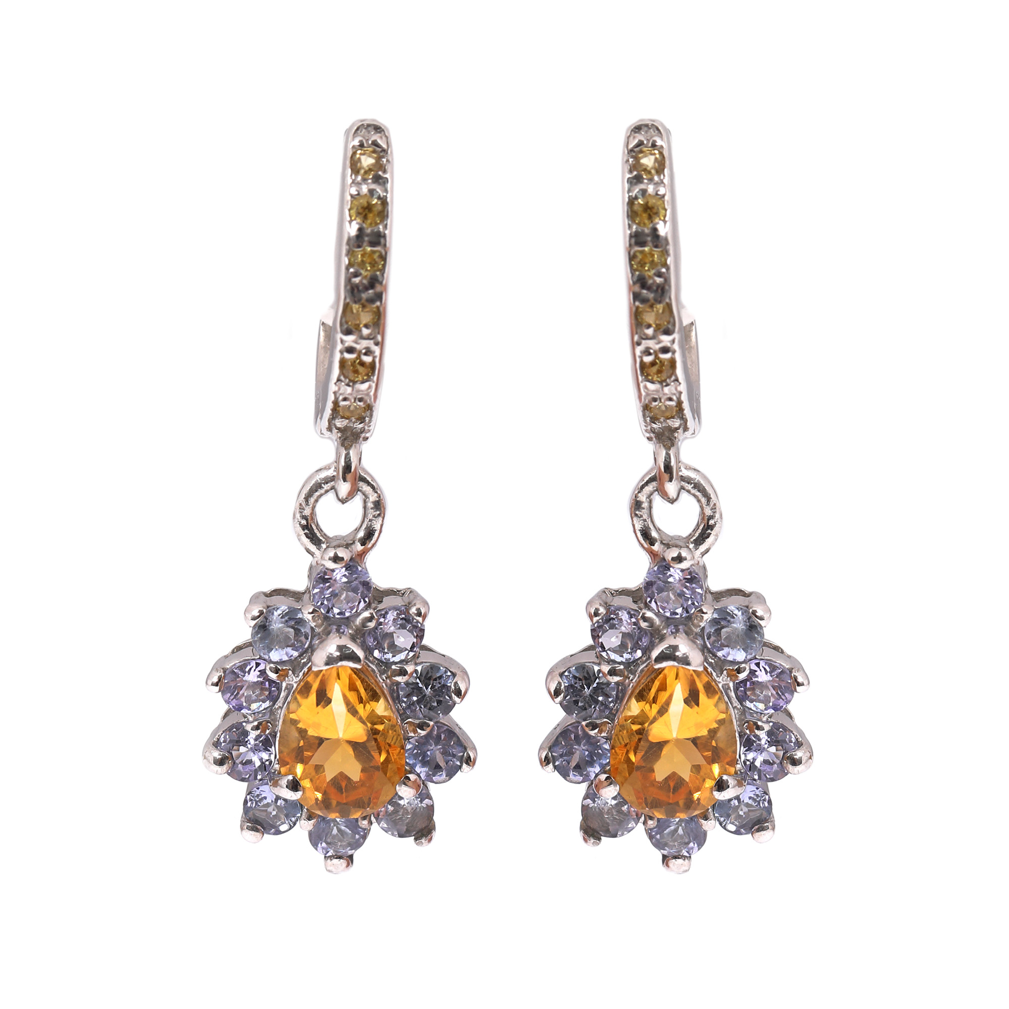Pair of silver earrings, decorated with yellow sapphires, citrines and tanzanites
