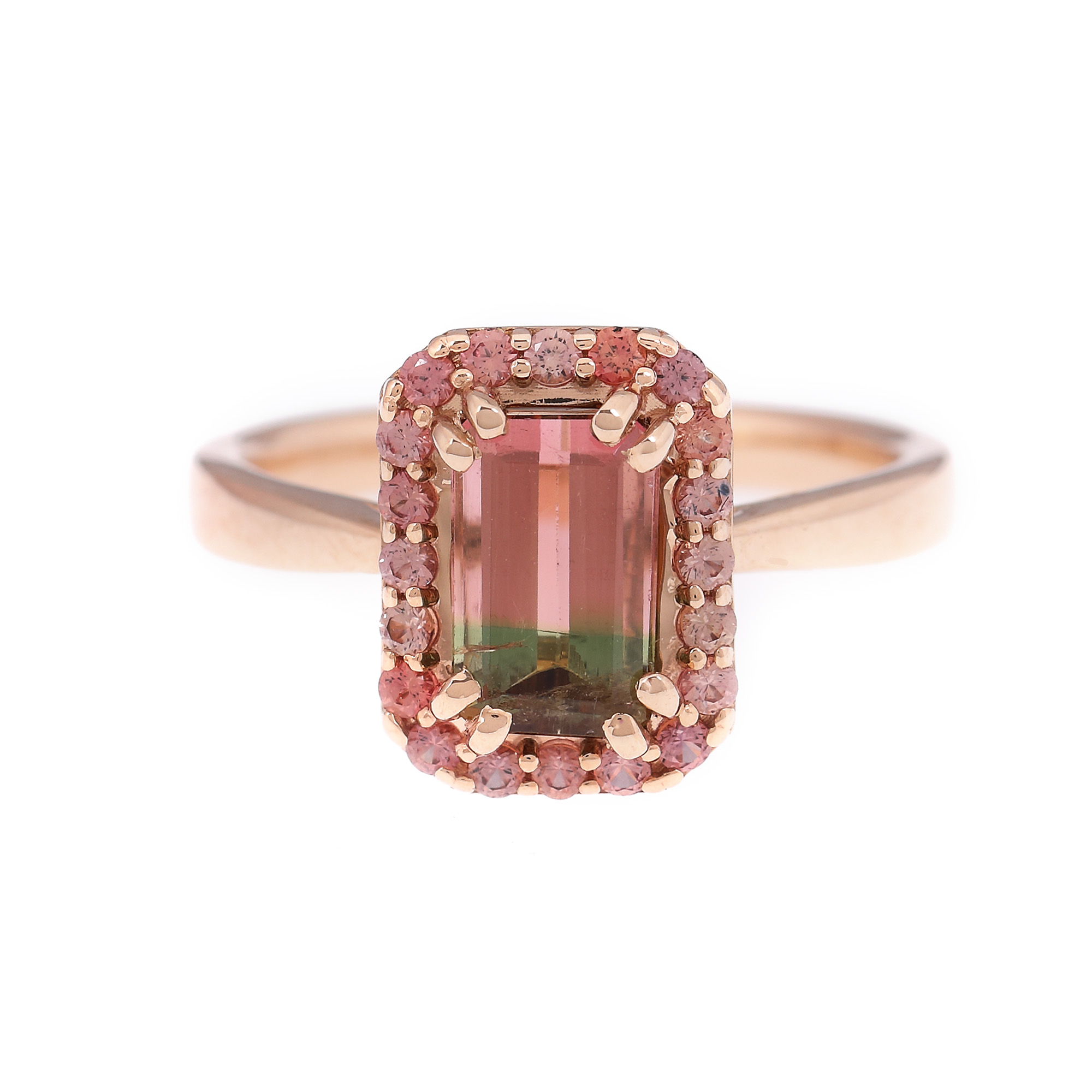 Rose gold ring, decorated with tourmaline surrounded by pink sapphires