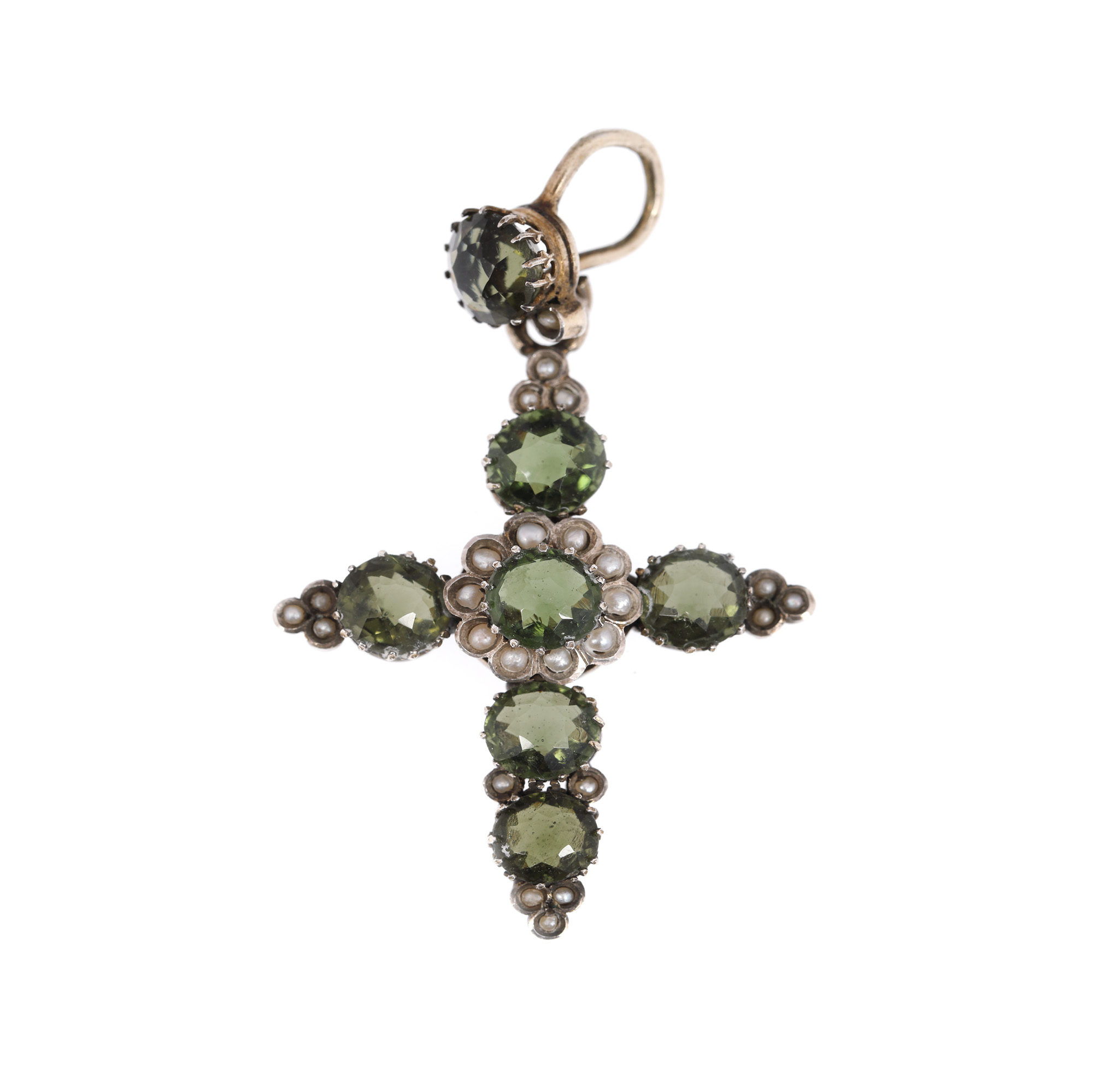 Vintage cross-pendant, silver, decorated with pearls and moldavites