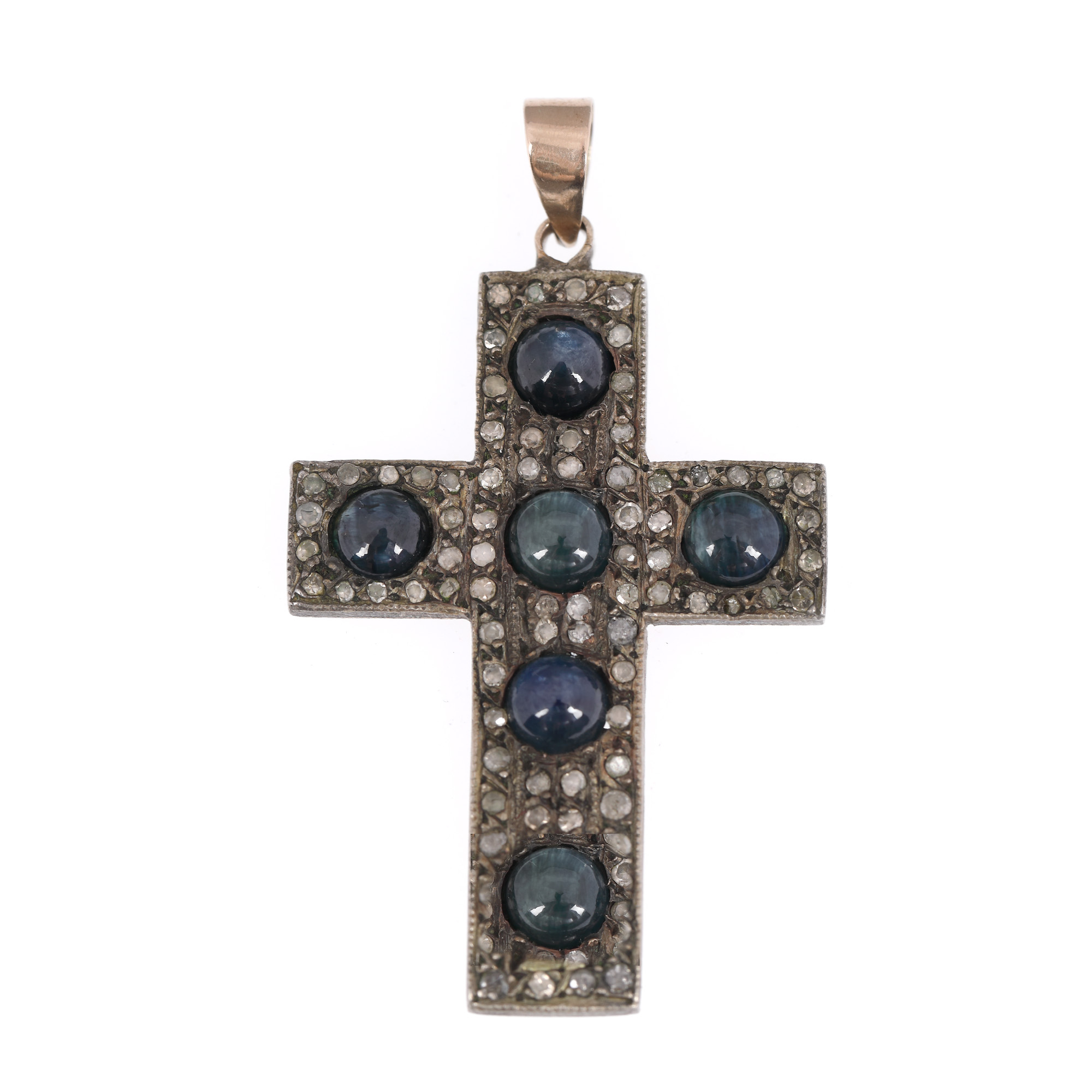 Gold and silver cross-pendant, decorated with diamonds and sapphires