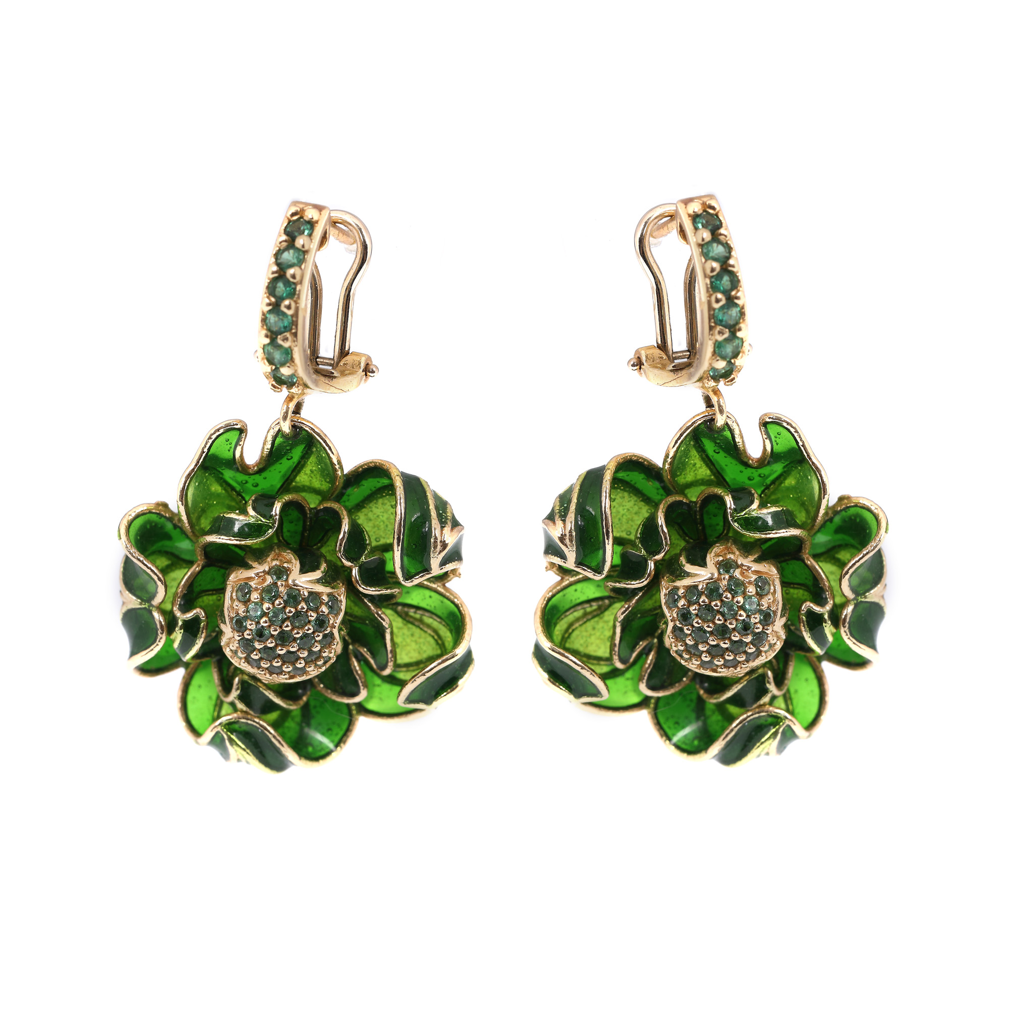 Pair of gold earrings, decorated with tsavorites and plique-à-jour enamel