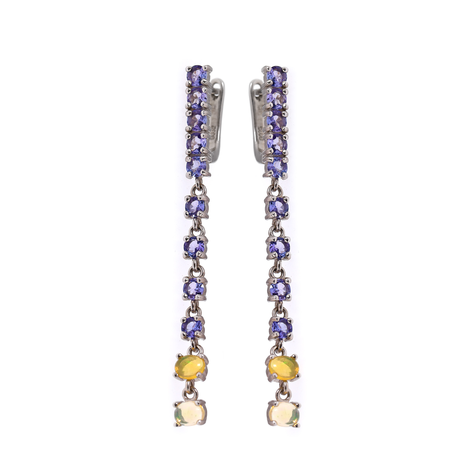Pair of gilded silver earrings, decorated with tanzanites and opals