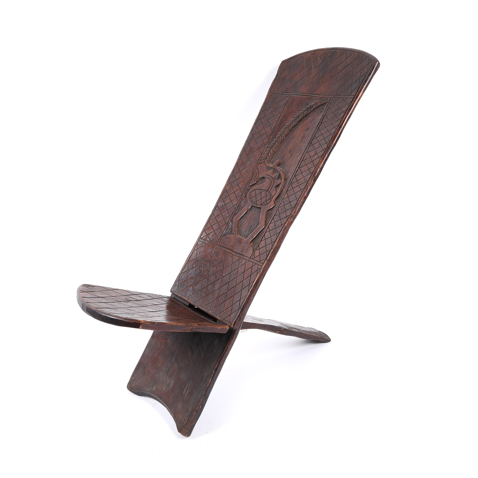 Small chair made of exotic wood, decorated with a warrior, West Africa