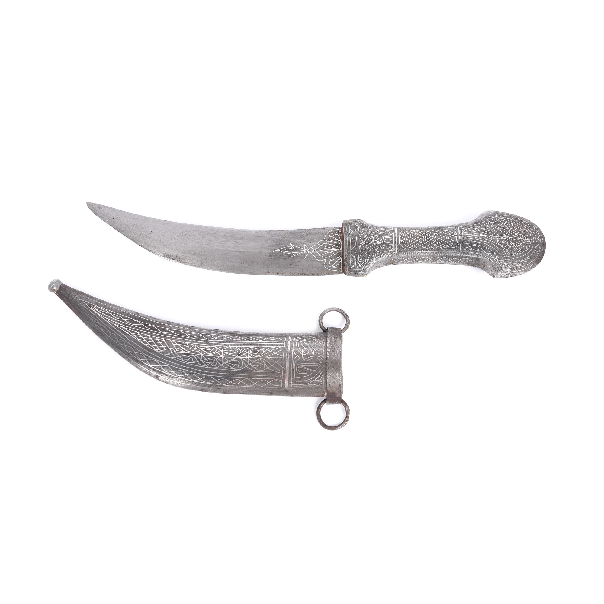 Persian knife, with sheath, decorated with silver inserts, mid-20th century