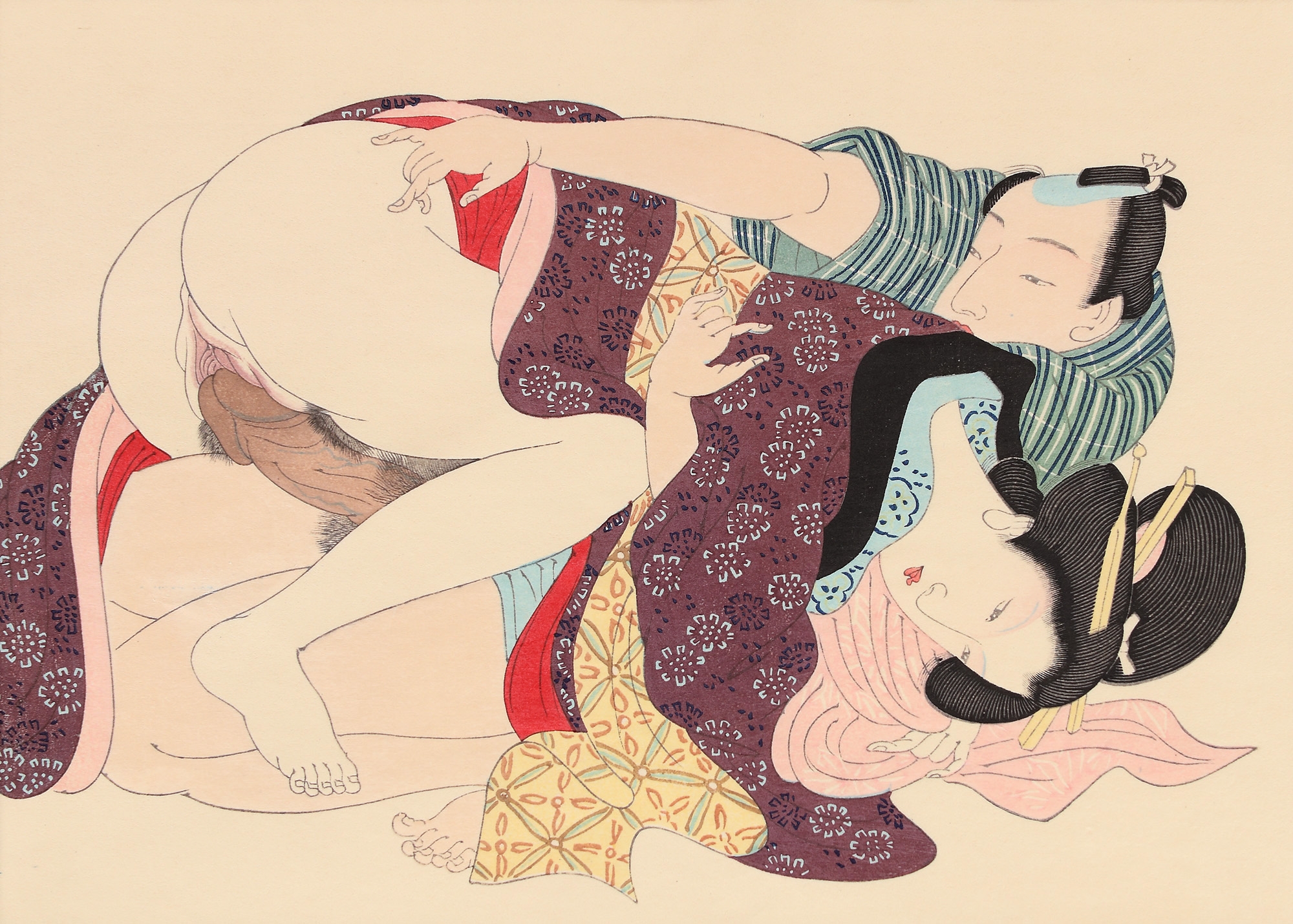 Shunga (erotic scene), representing a couple experiencing passion