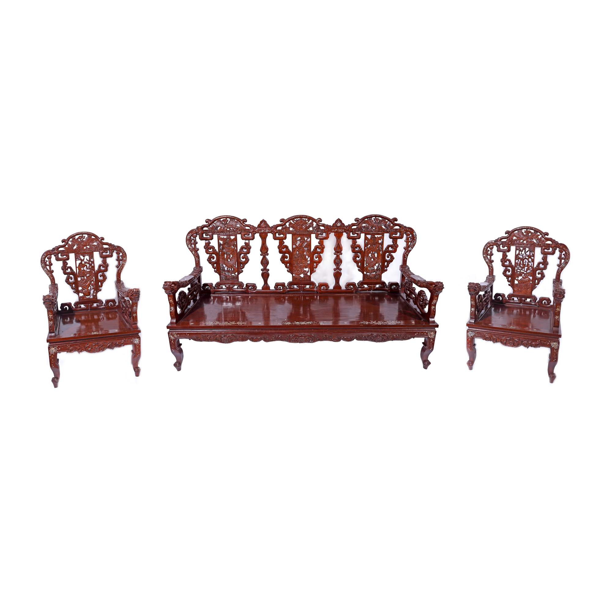 Bench and two armchairs, made of exotic wood with minute pearl inserts, the Republican period, China, first half of the 20th century