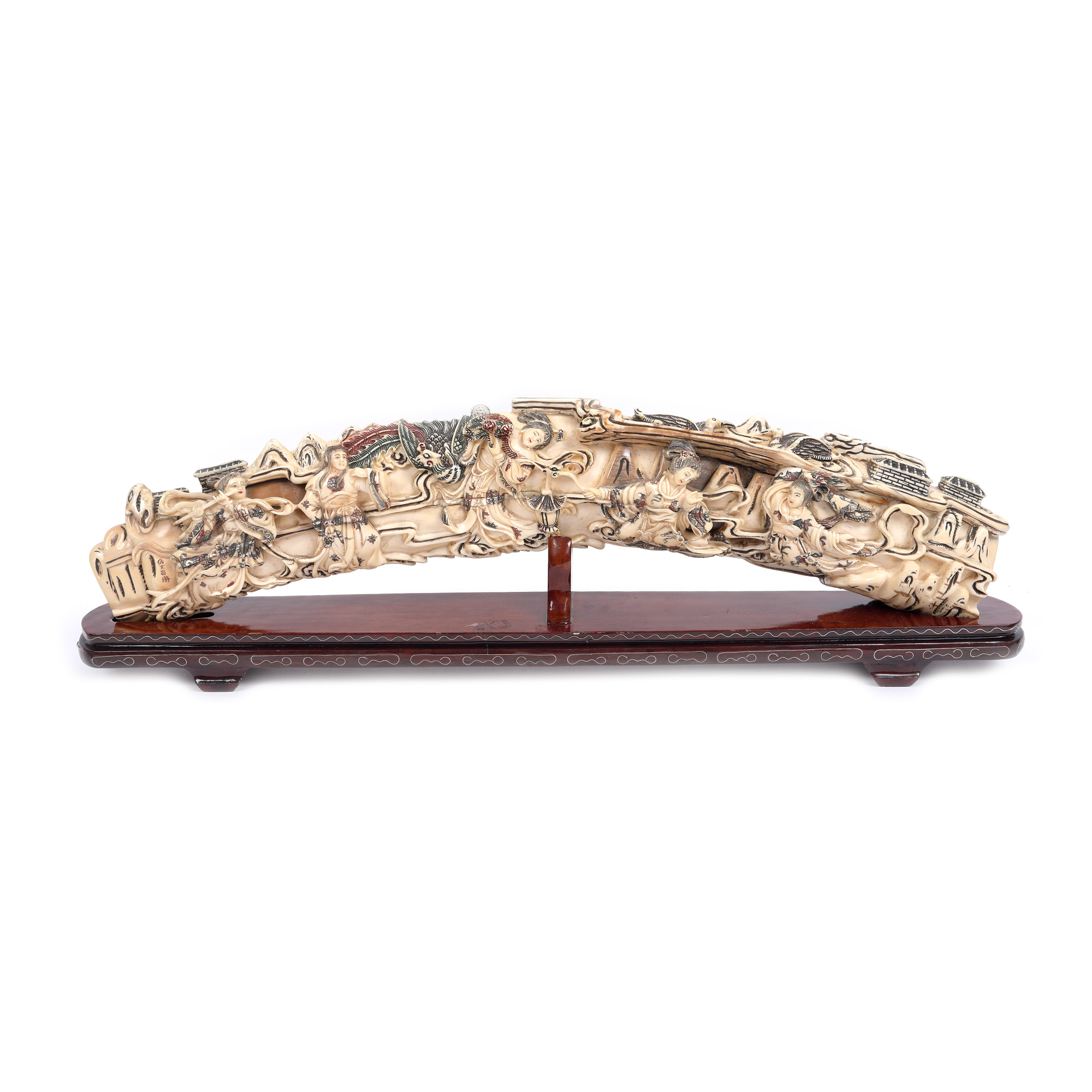 Mammoth tusk sculpture, decorated with five goddesses, phoenix bird, and ducks, Qing dynasty period, China, 19th century