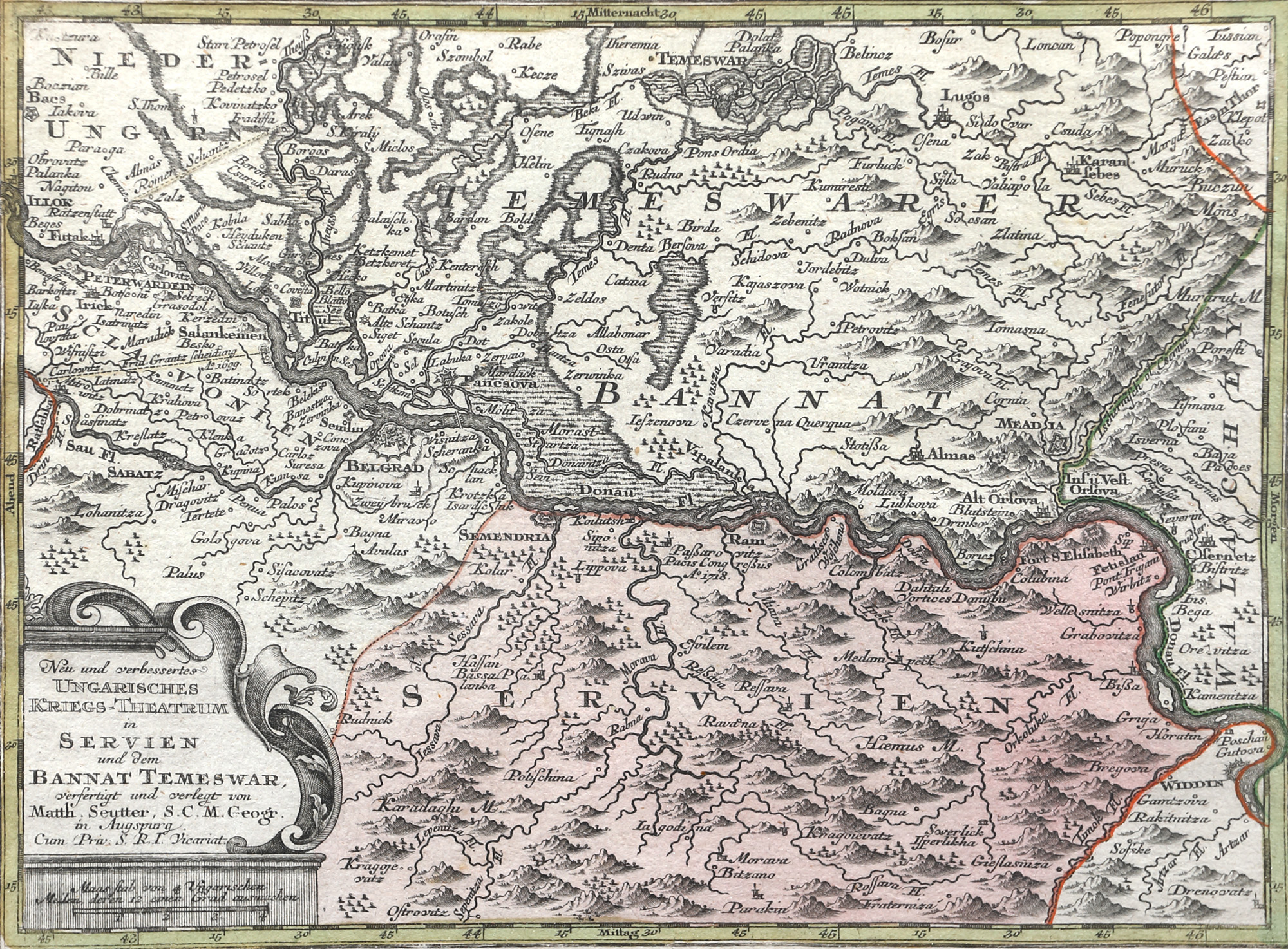 Hartă ”Banat (Timișoara și Severin)”, de Matthaus Seutte, Augsburg, 1744