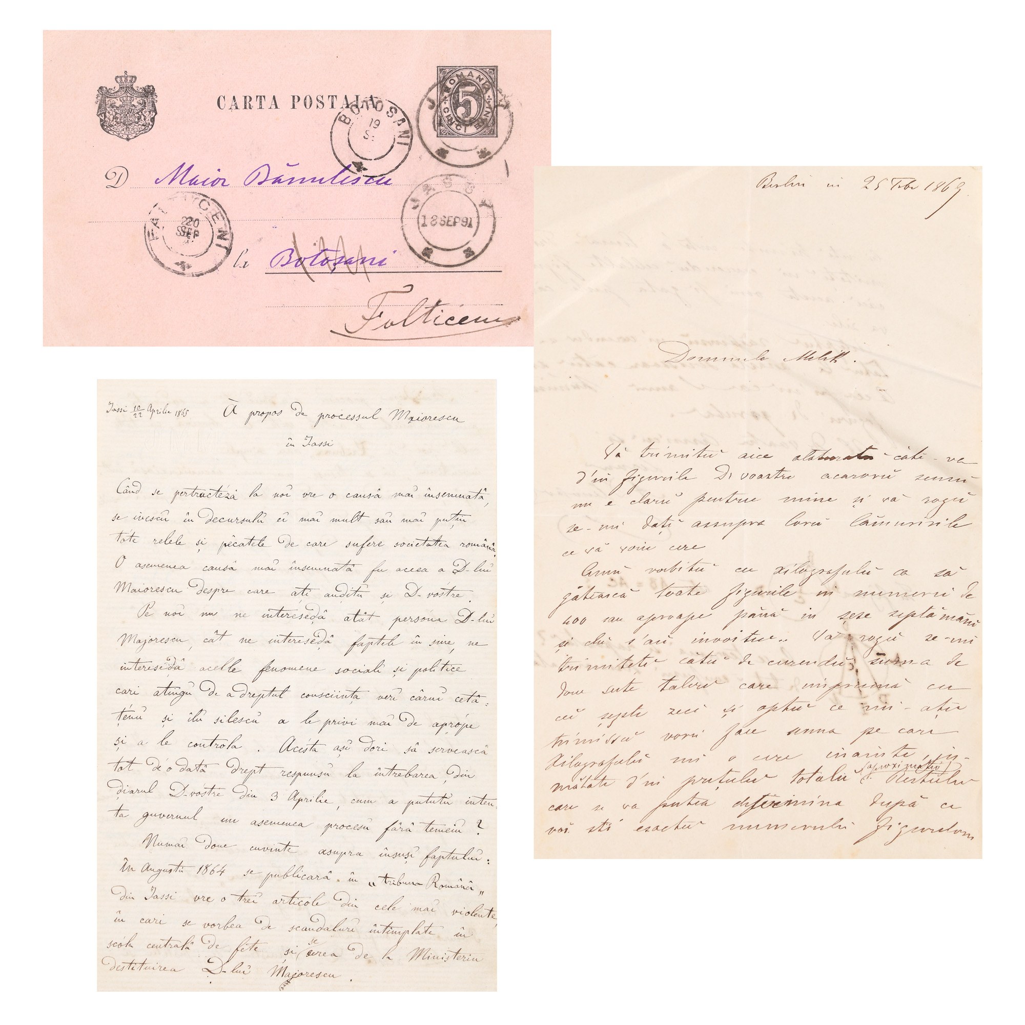 Two letters and a postcard sent by Alexandru Xenopol, contains a letter about the controversial trial of Titu Maiorescu, 1865-1891, with handwritten signature, collector's item