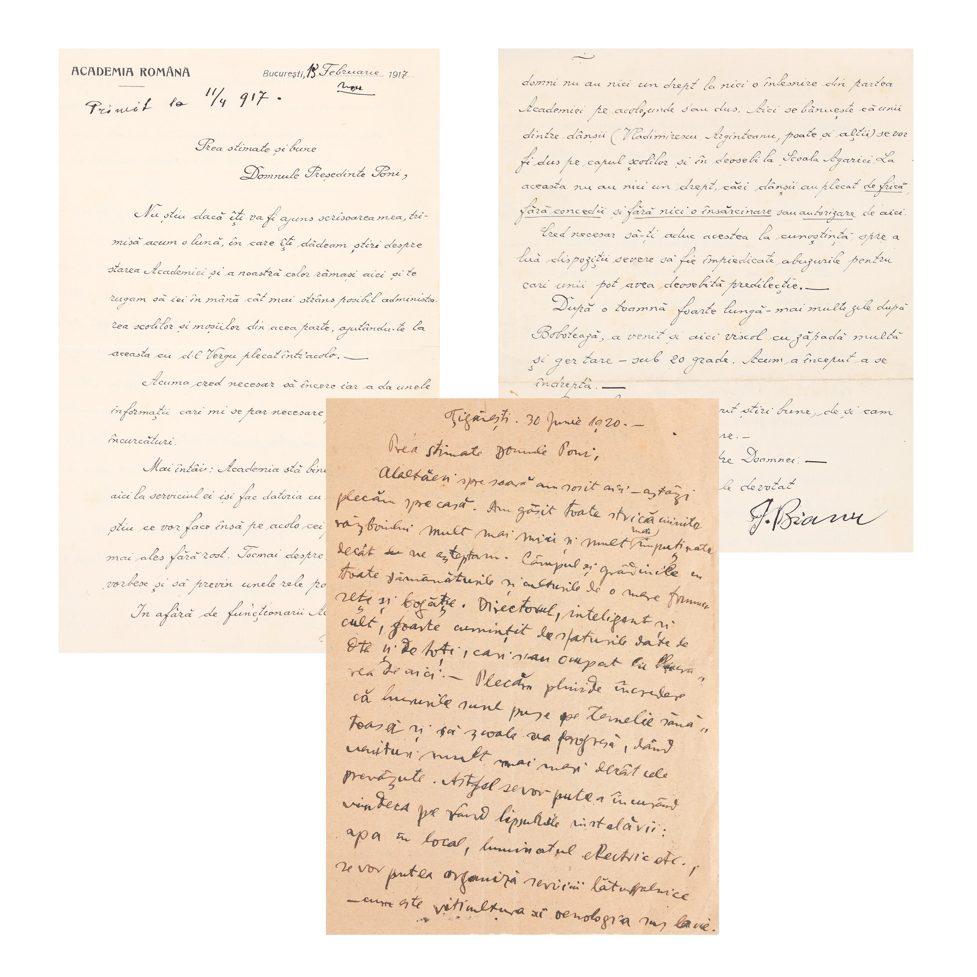 Lot format din nouă scrisori olografe trimise de Ioan C. Bianu către Petru Poni, 1917-1920 (14 file)