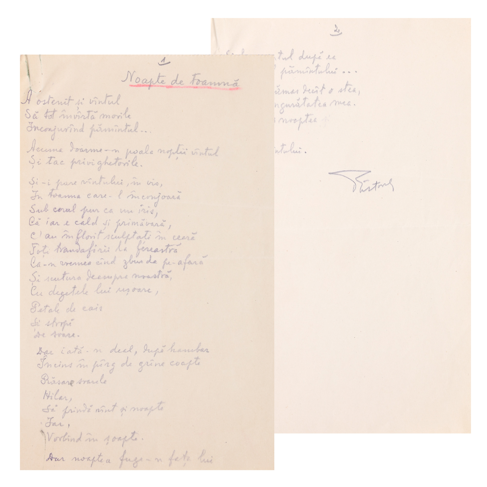 Manuscript of the poem "Noapte de toamnă", by Păstorel Teodoreanu, with handwritten signature, collector's item (2 file)