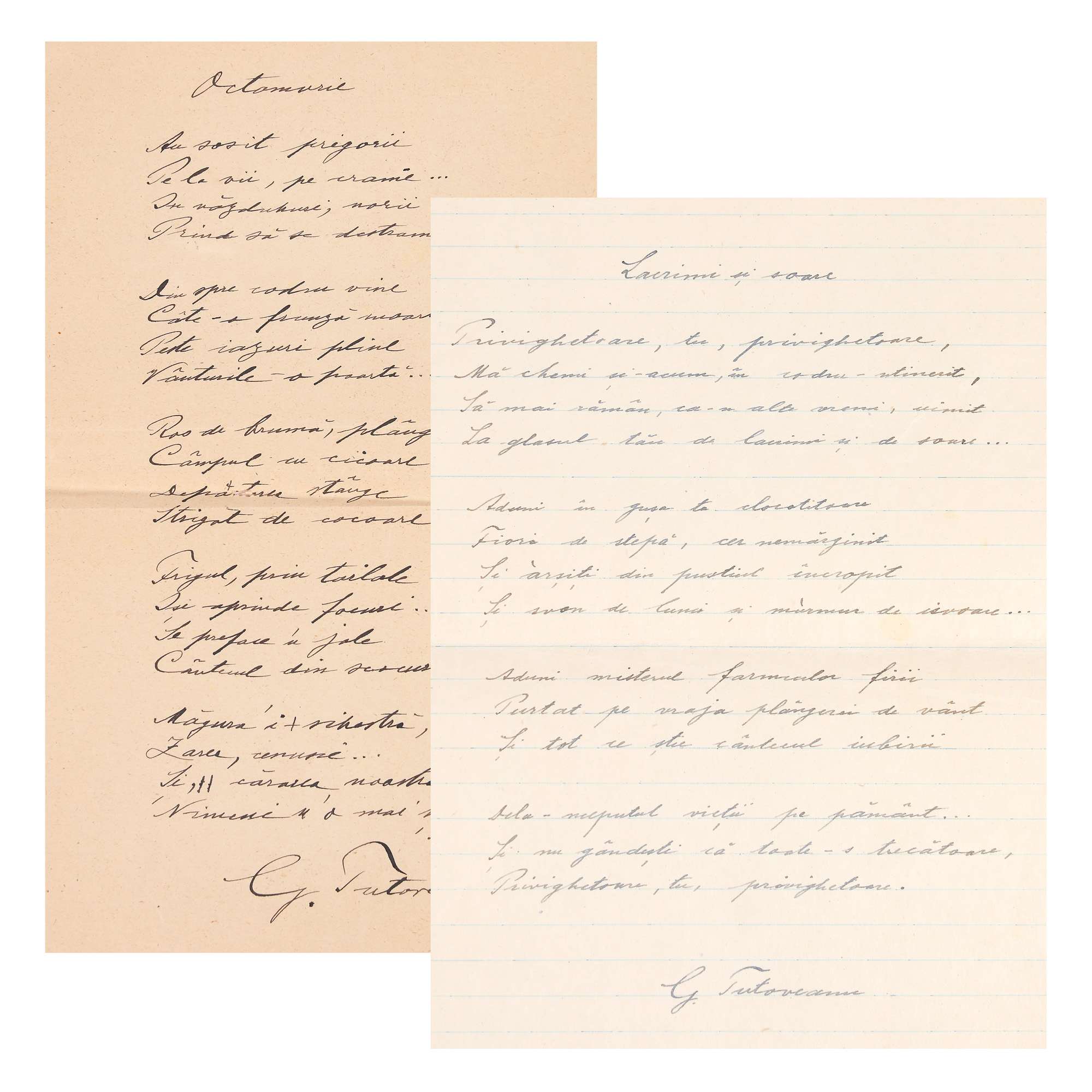 The manuscripts of the poems "Lacrimi și soare" and "Octomvrie", by George Tutoveanu, with handwritten signature, collector's item (2 sheets)