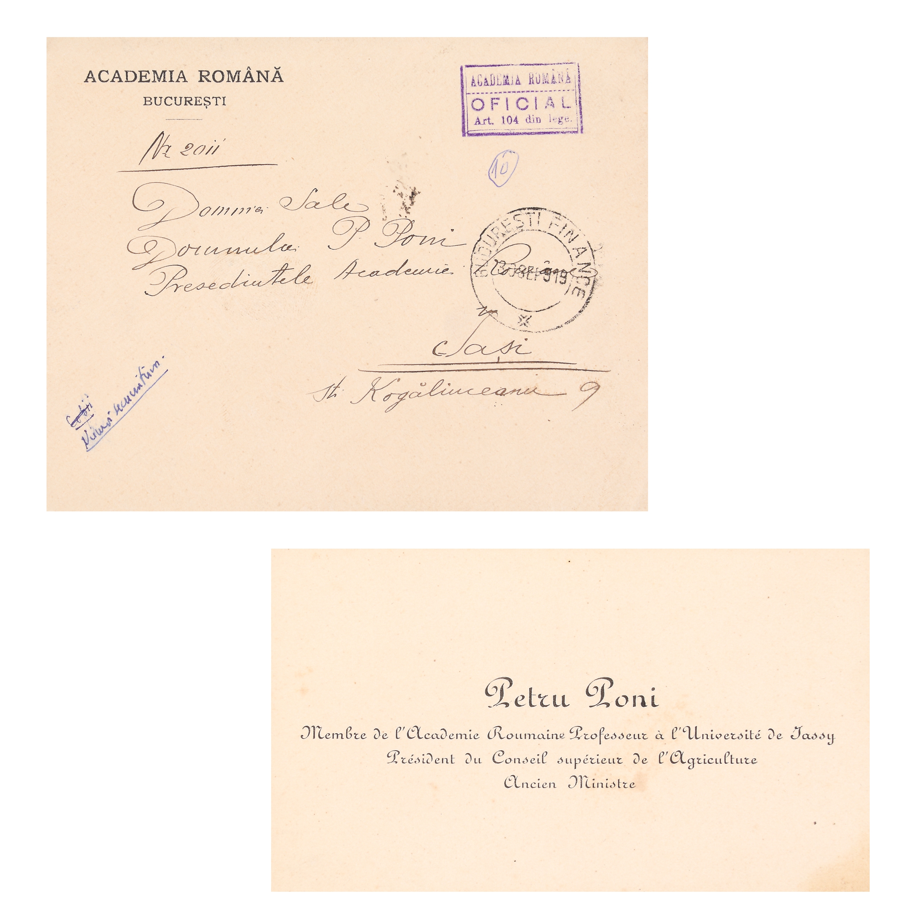 Academic Petru Poni's business card, with envelope