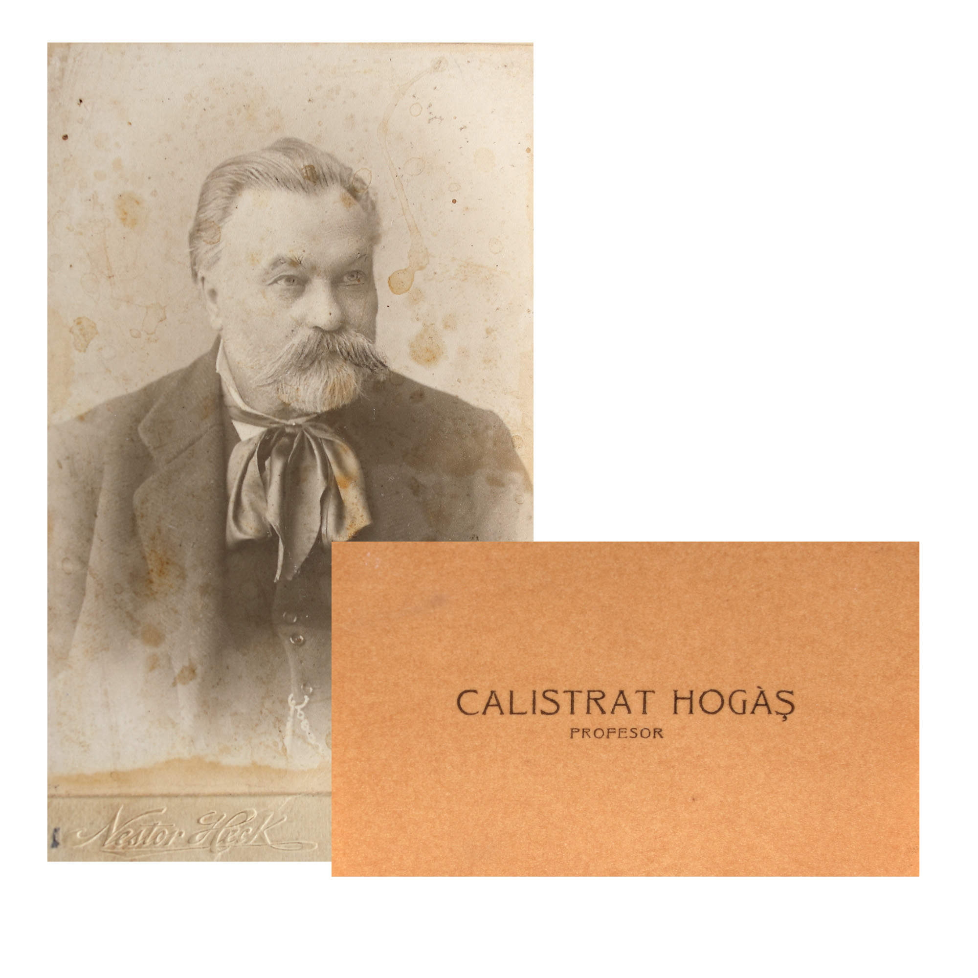 Photograph and two business cards of Calistrat Hogaș, Iași, approx. 1900, rare collector's item