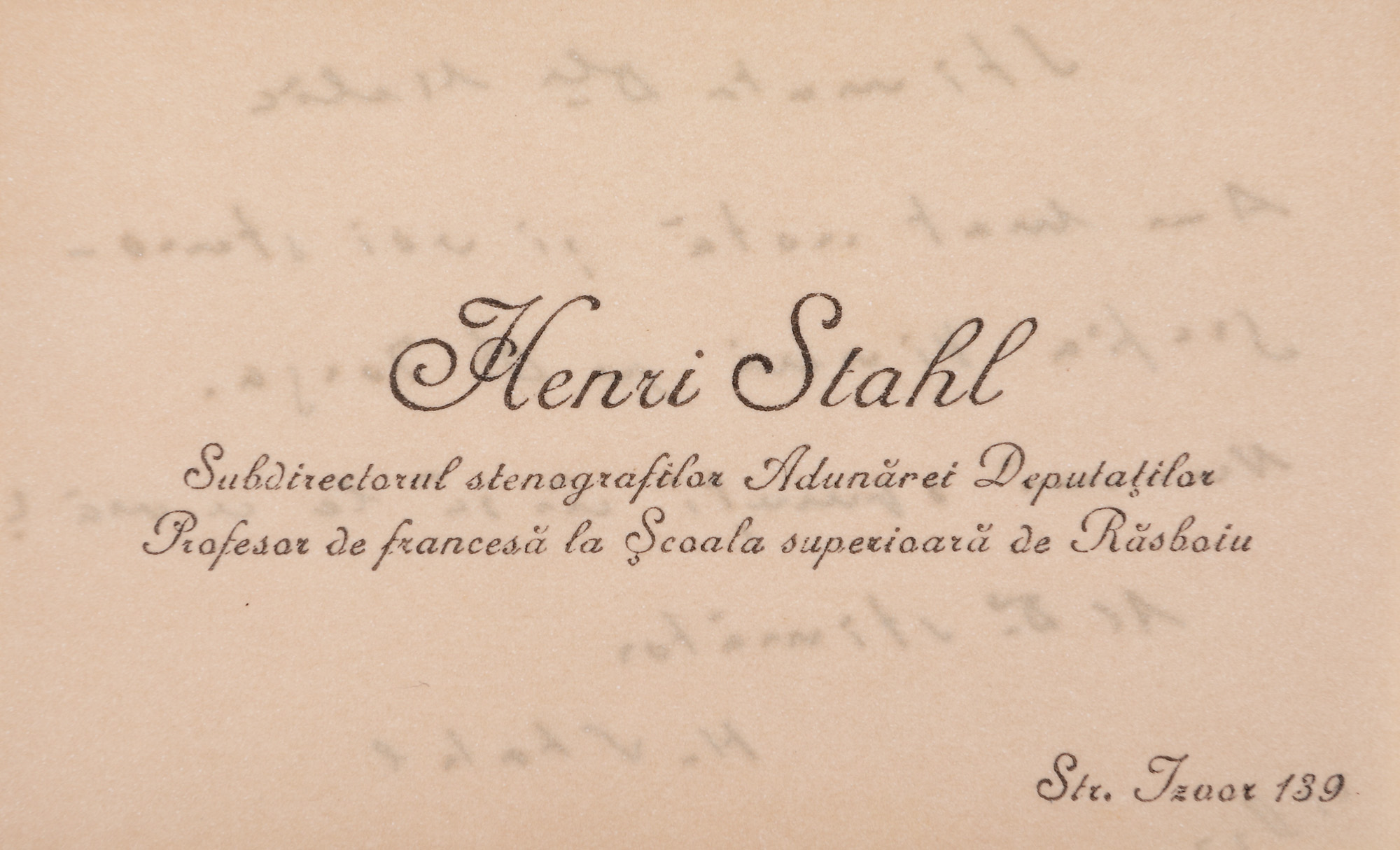 Cartea de vizită a lui Henri Stahl, cu însemnarea olografă ”...voi stenografia Vineri pe dl. Iorga”, 22 februarie 1922, cu semnătura olografă