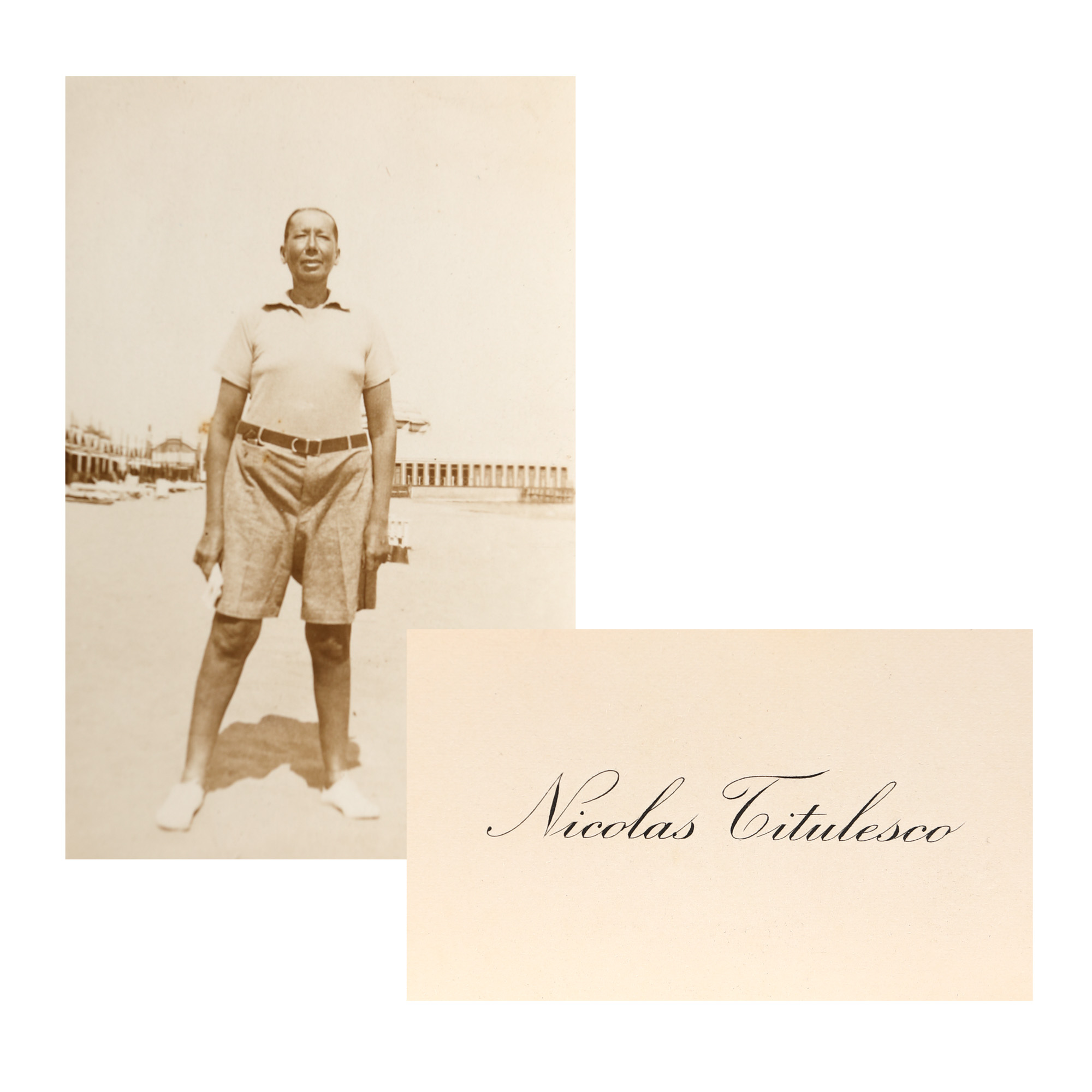 Lot fotografie inedită cu Nicolae Titulescu și cartea sa de vizită, cca. 1930