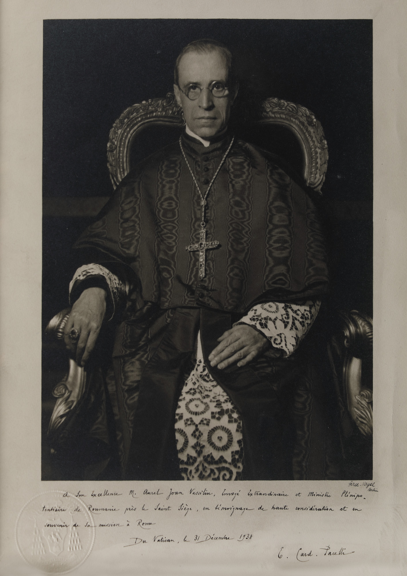 Cardinal Eugenio Pacelli (future Pope Pius XII), photograph, photographer Ferdinand Vogel, Berlin, 1938, with the dedication of the cardinal to Ioan Aurel Vlasiu, the Romanian minister at the Vatican