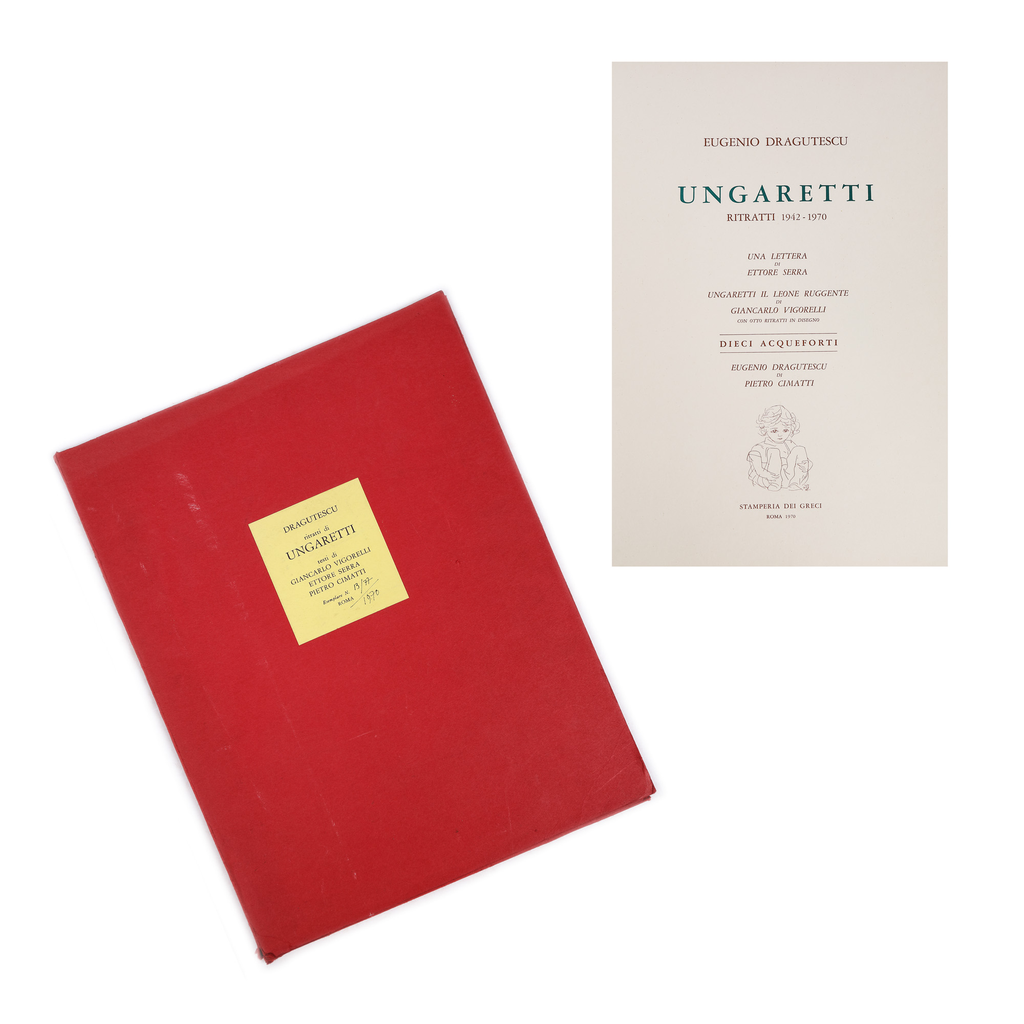 Mapă de grafică dedicată poetului Giuseppe Ungaretti, de Eugen Drăguțescu, Roma, 1970, cu 10 gravuri în text, piesă rară (exemplarul 13/77)