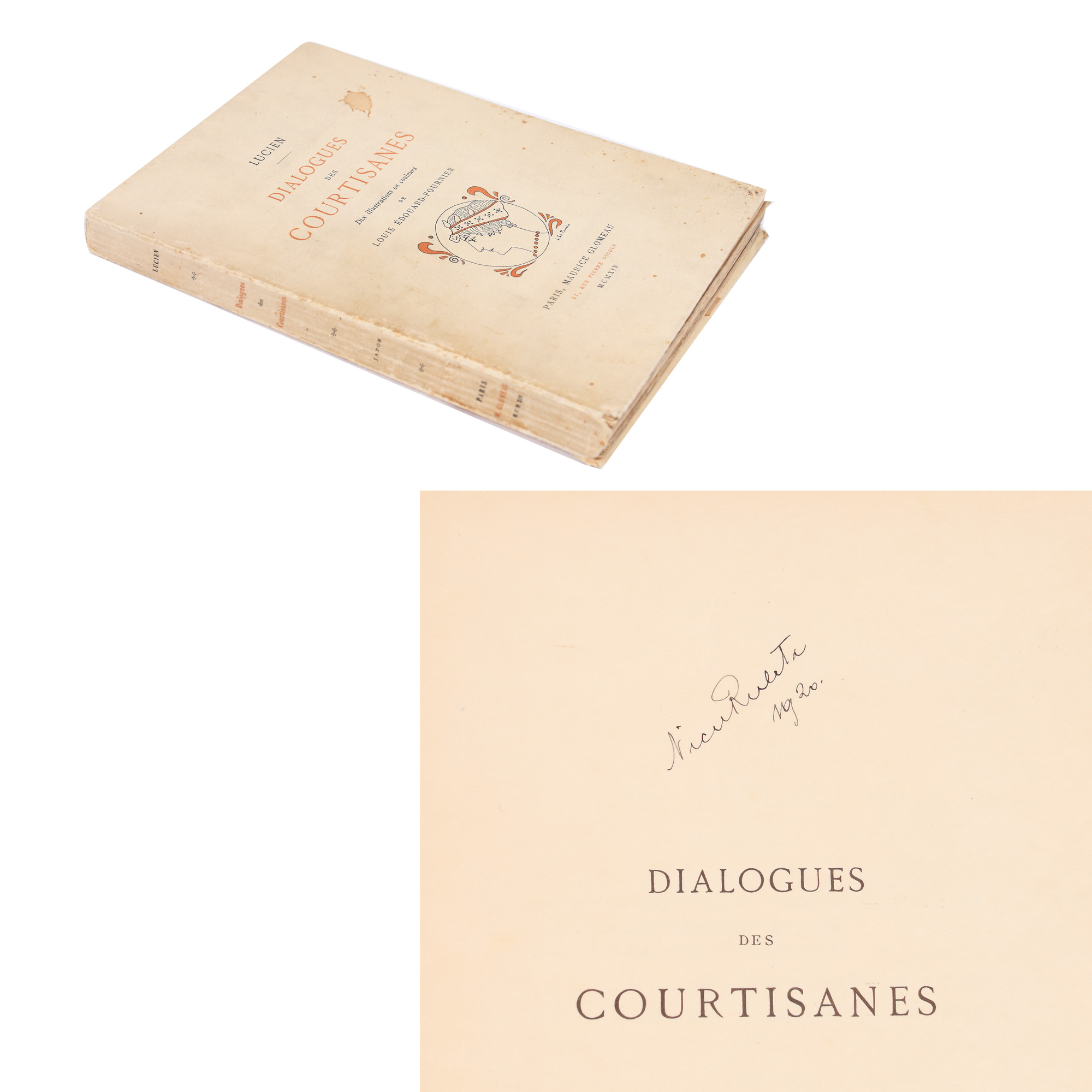 ”Dialogurile curtezanelor”, de Lucian, franceză, Paris, 1914, exemplar bibliofil, cu zece ilustrații și ex-libris Nicu Ruleta