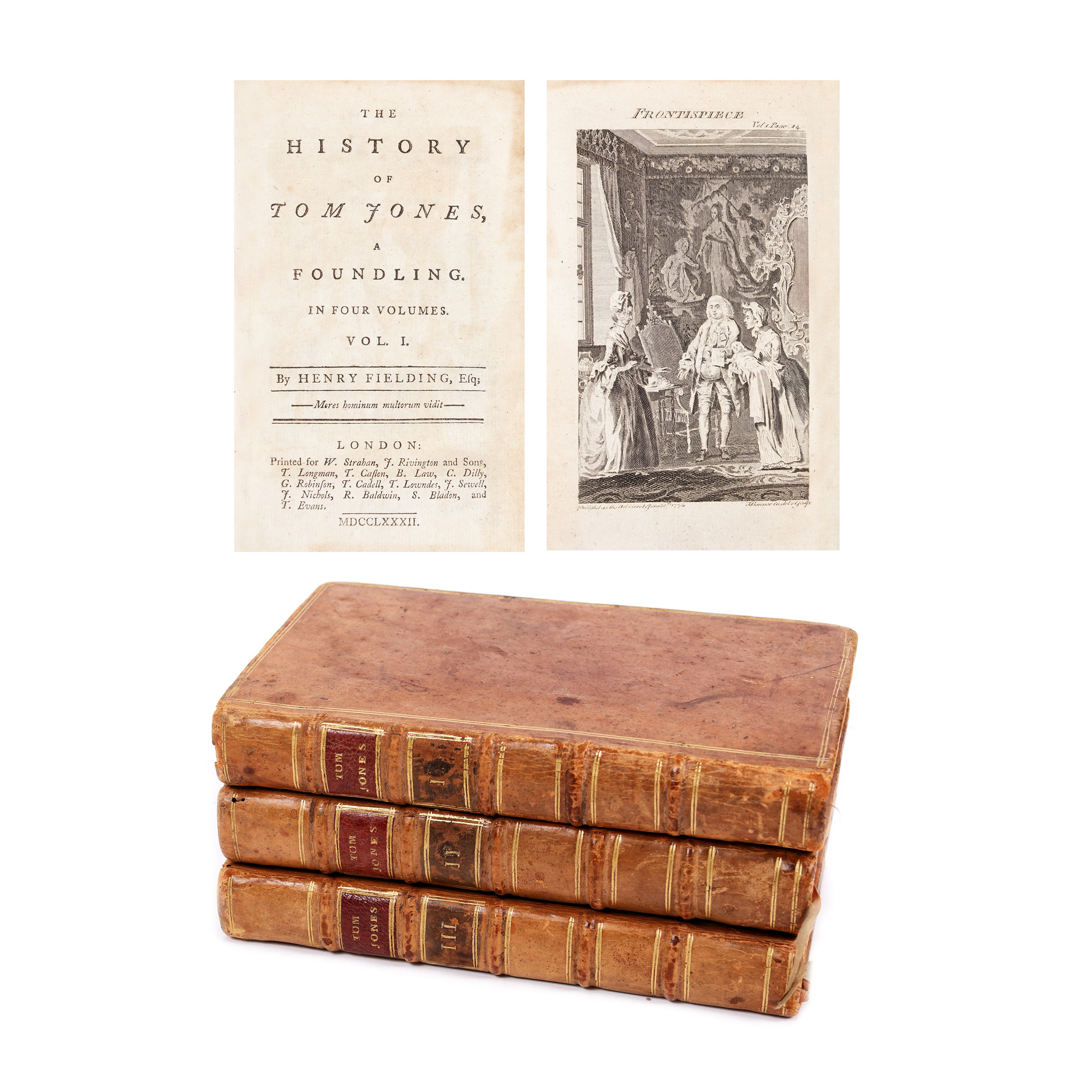 ”Tom Jones, istoria unui copil găsit”, de Henry Fielding, trei volume, ediție princeps, engleză, Londra, 1782, cu trei gravuri (unul dintre primele romane englezești)