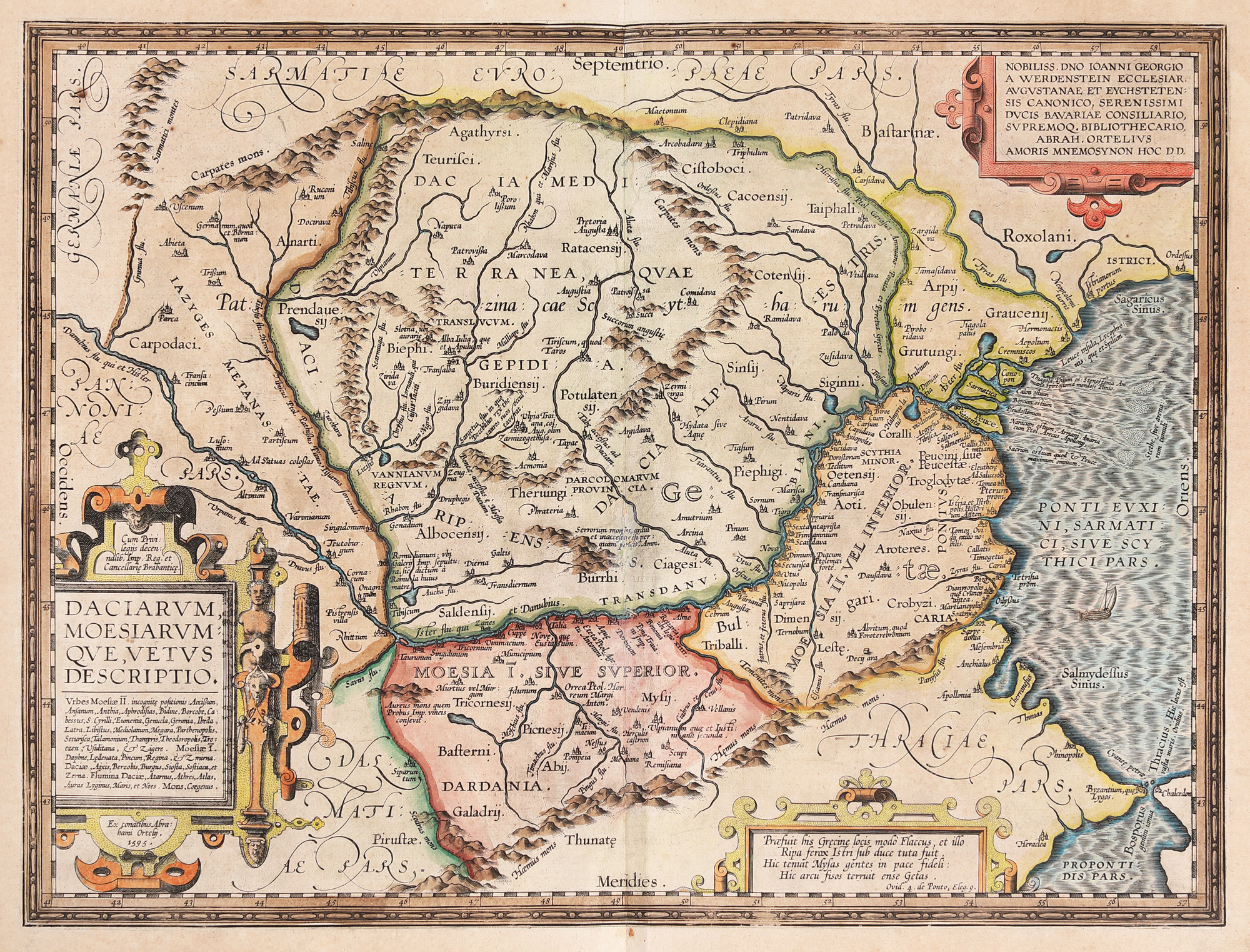 Hartă ”Dacia și Moesia”, de Abraham Ortelius, ediţia Orbis Terrarum, 1595