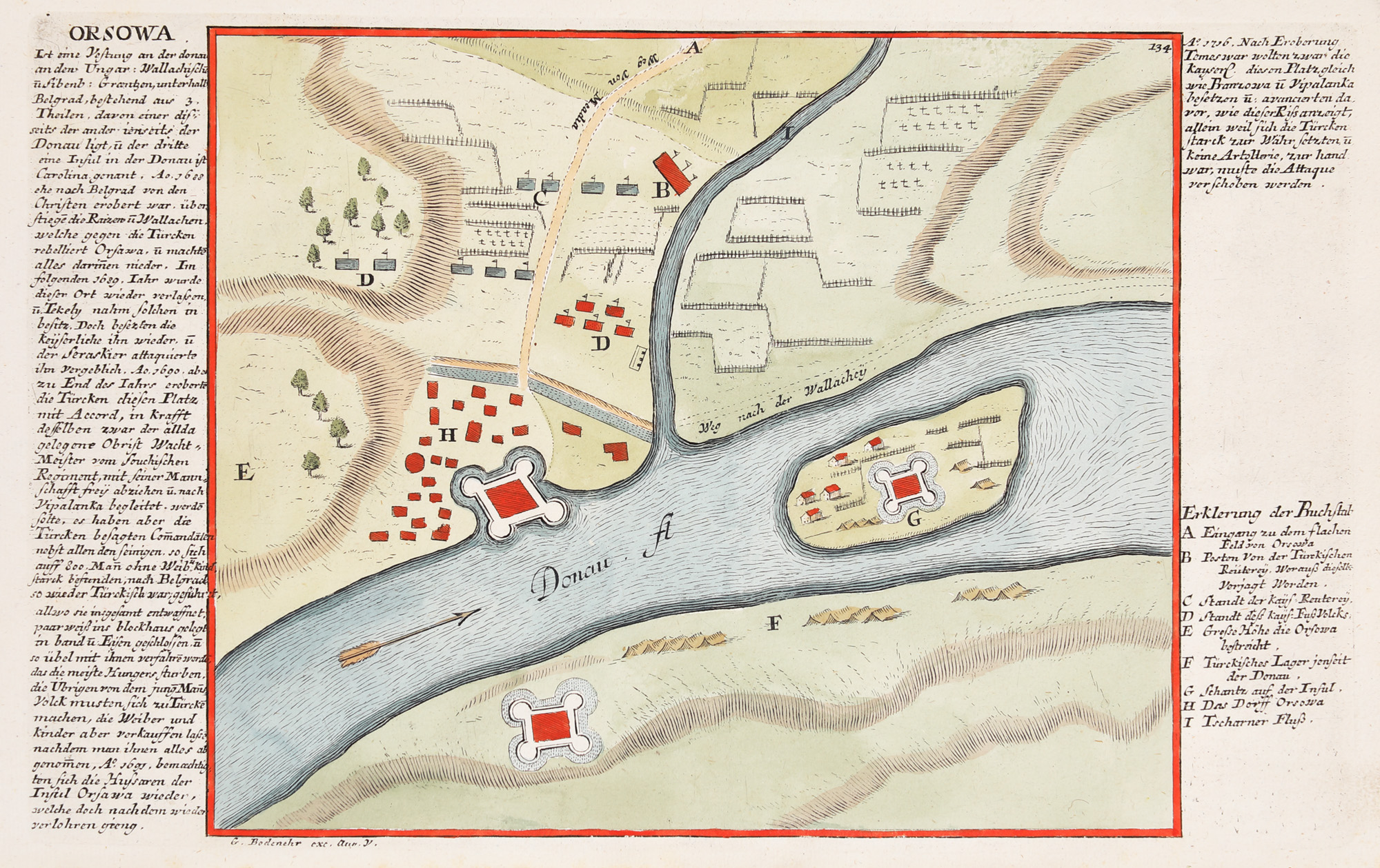 Vedută "Orșova" (ilustrează și insula Ada Kaleh), de Gabriel Bodenehr, cca. 1720