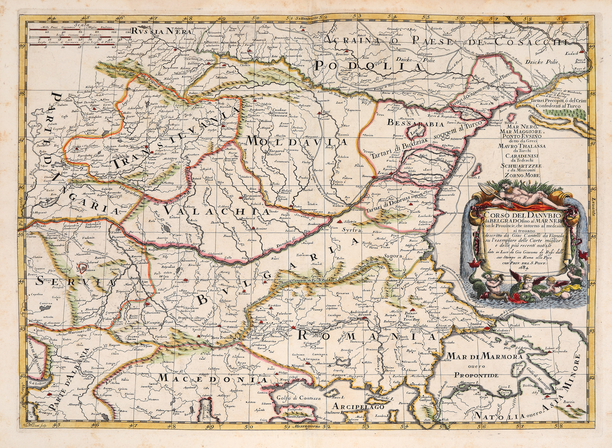 "The course of the Danube from Belgrade to the Black Sea" map, by Cantelli da Vignola, Rome, 1684