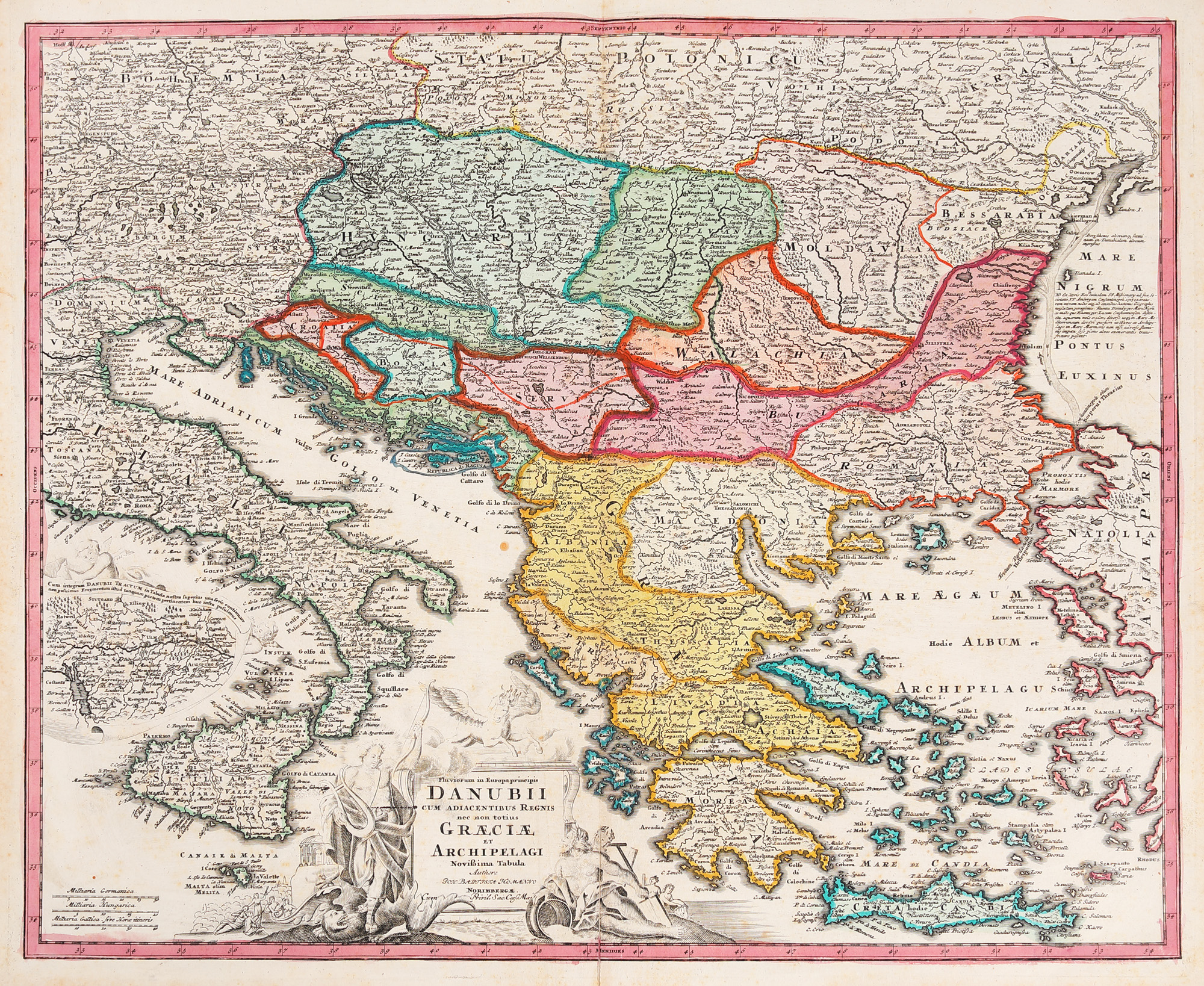 Hartă "Cursul Dunării și arhipelagul grecesc", de Johann Baptist Homann, Nuremberg, cca. 1720