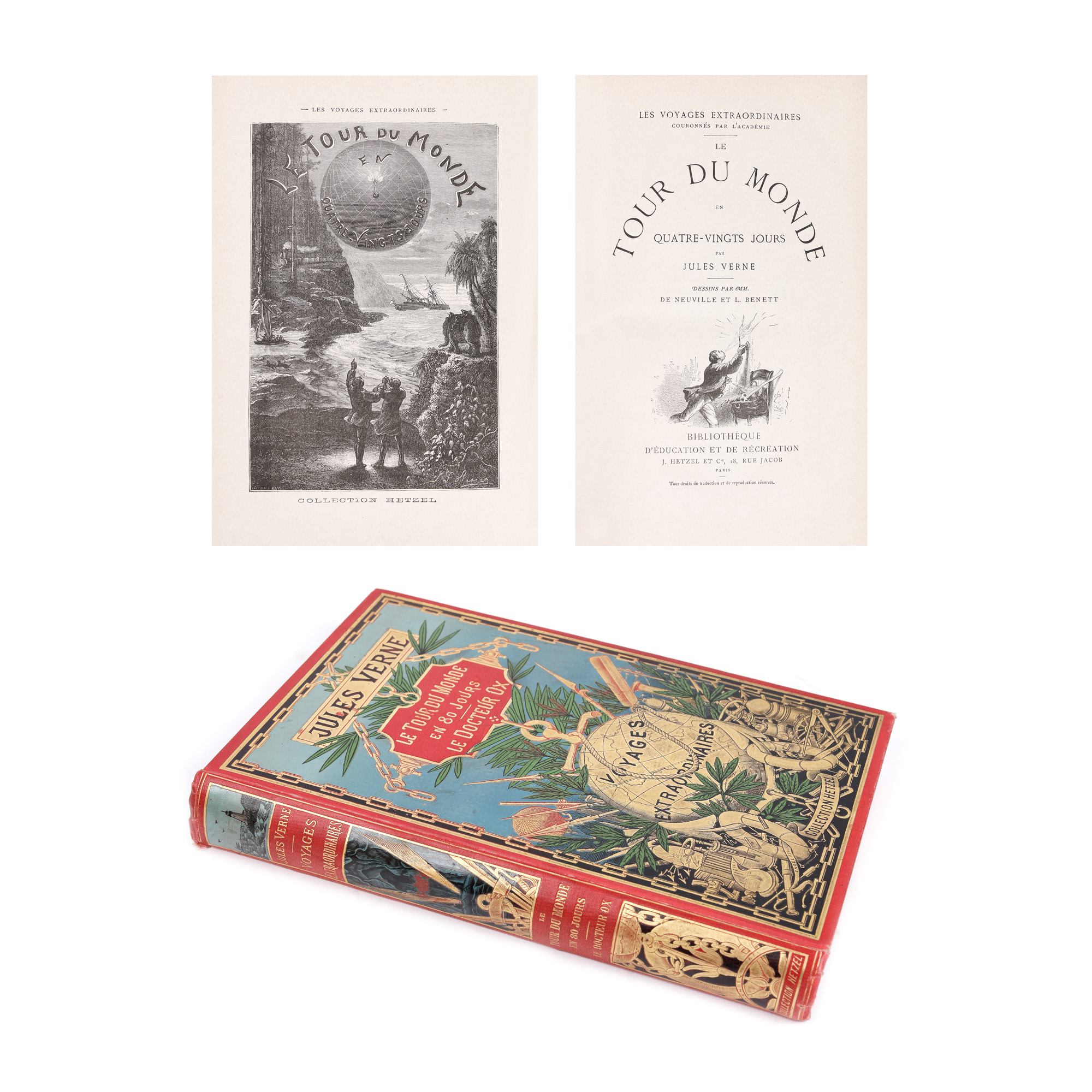 Bound of "Le tour du monde en quatre-vingts jours" and "Le docteur Ox", by Jules Verne, French, Paris, 1896, bibliophilic copy, with ex-libris Virginia Antonescu