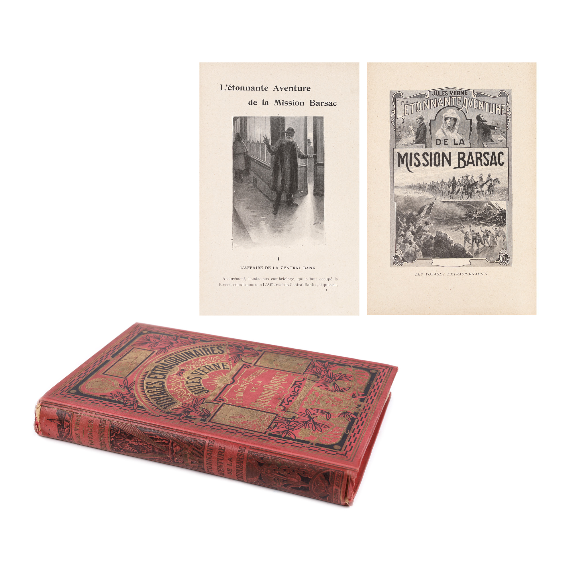 ”Aventura uimitoare a misiunii Barsac”, de Jules Verne, ediție princeps, franceză, Paris, 1919, exemplar bibliofil, cu desene de G. Roux