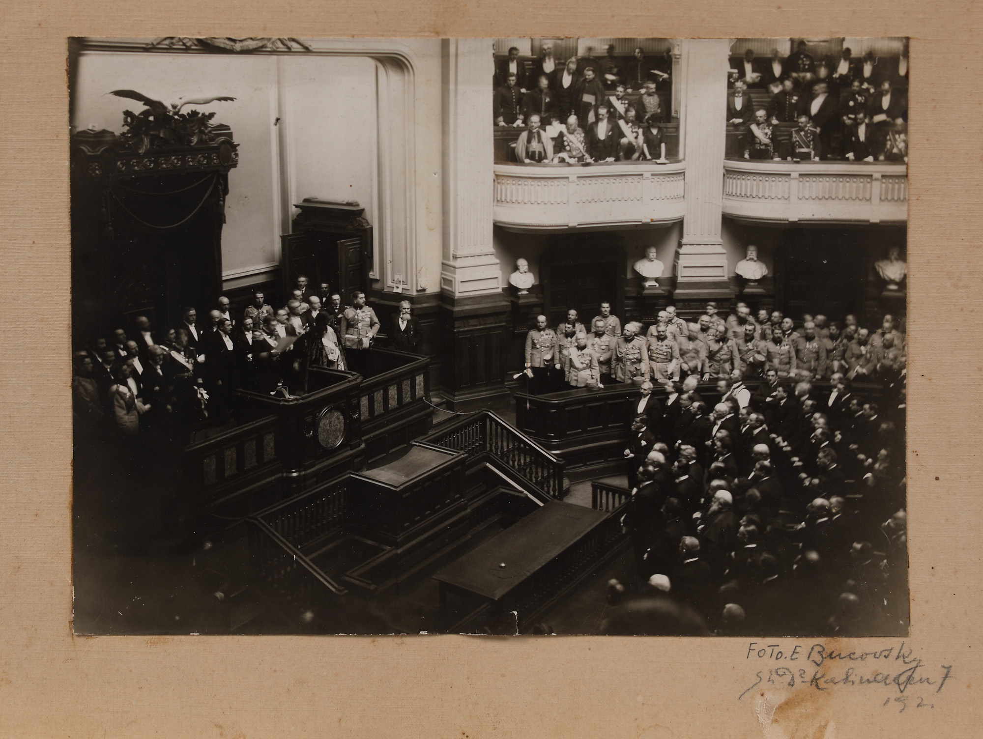 King Ferdinand reading the message from the Throne at the opening of Parliament, photograph, E. Bucovsky photographic studio, Bucharest, 1921