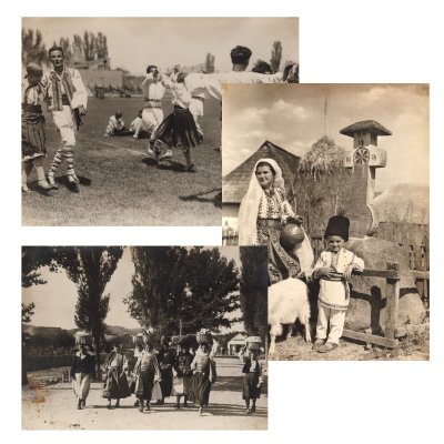Three photographs showing peasants in traditional costumes, Cartea Românească photography studio, interwar period