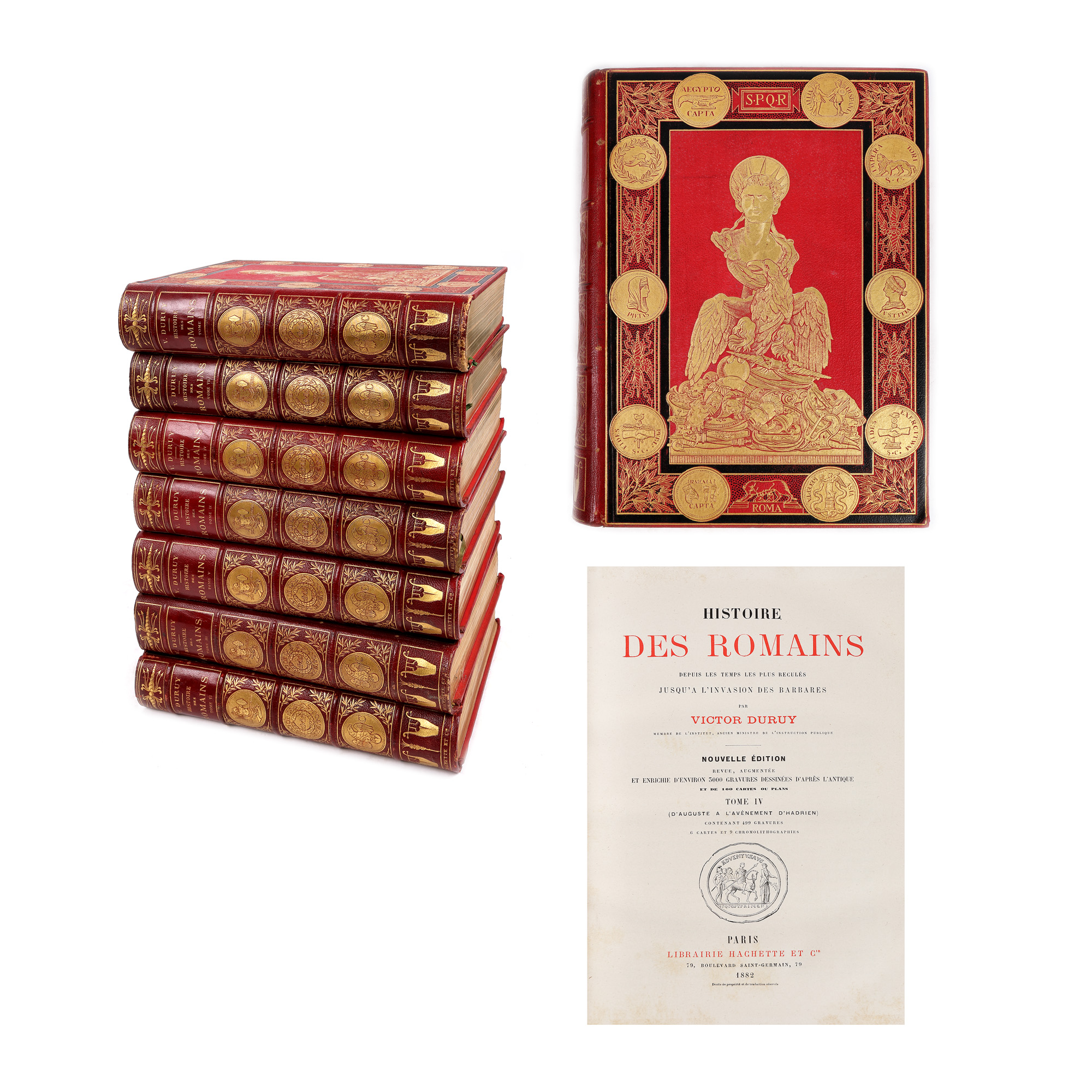 "History of the Romans from ancient times to the barbarian invasion", by Victor Duruy, French, seven volumes, Paris, 1879-1885, bibliophilic edition, with 20.000 engravings and 700 maps and plans