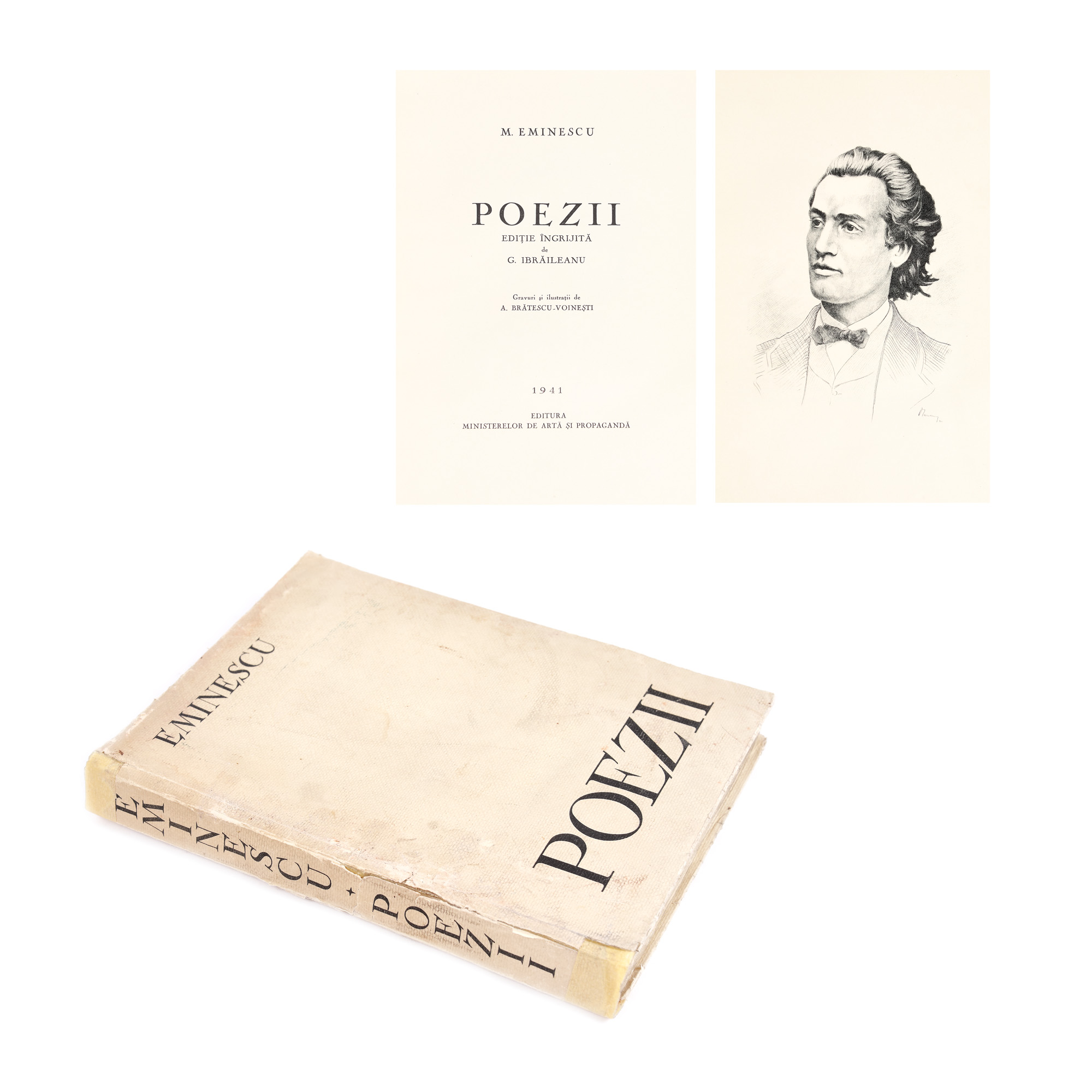 "Poezii" by Mihai Eminescu, Craiova, 1941, bibliophilic edition, curated by Garabet Ibrăileanu, with engravings and illustrations by Alexandru Brătescu-Voinești