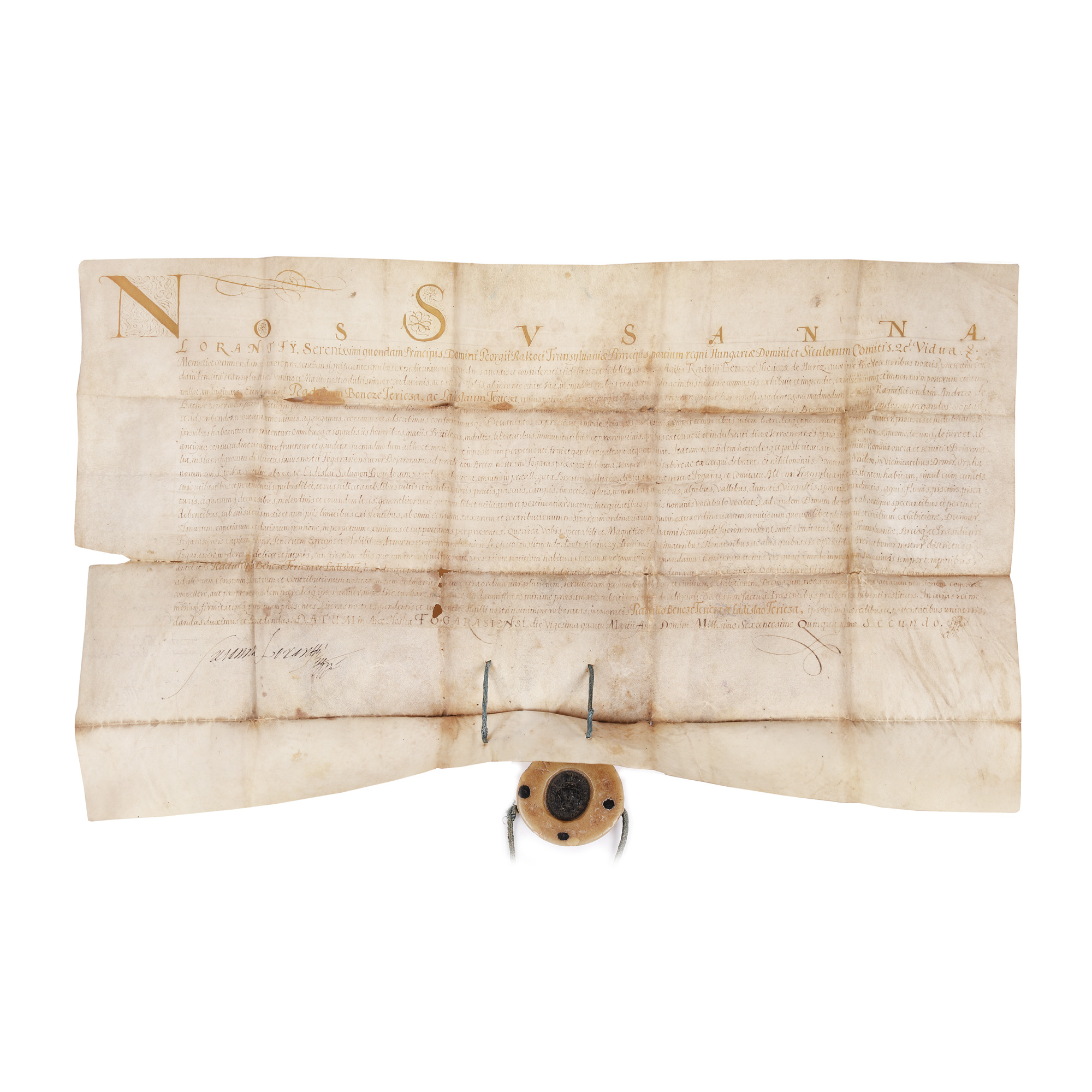 Diplomă de înnobilare emisă de principesa Suzana Lorantffy, soția principelui Gheorghe Rakoczi I, pentru boierul Radu Bențe Tărâță din Făgăraș, 1652, cu sigiliu, piesă rară