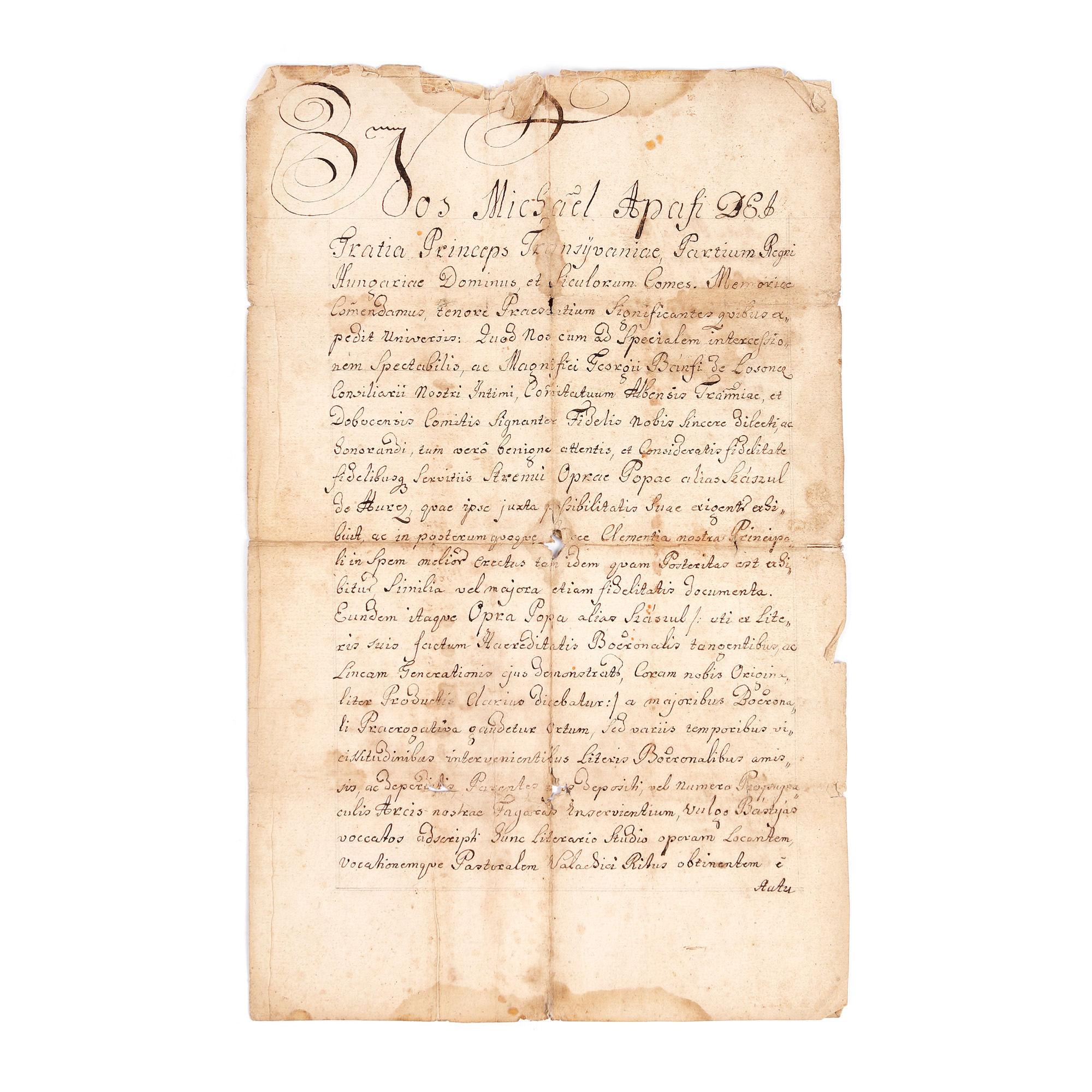 Diplomă de înnobilare emisă de principele Mihai Apafi în 1689 pentru boierul Oprea Sas din Făgăraș, în varianta copiei legalizate de notar în latină în 1792