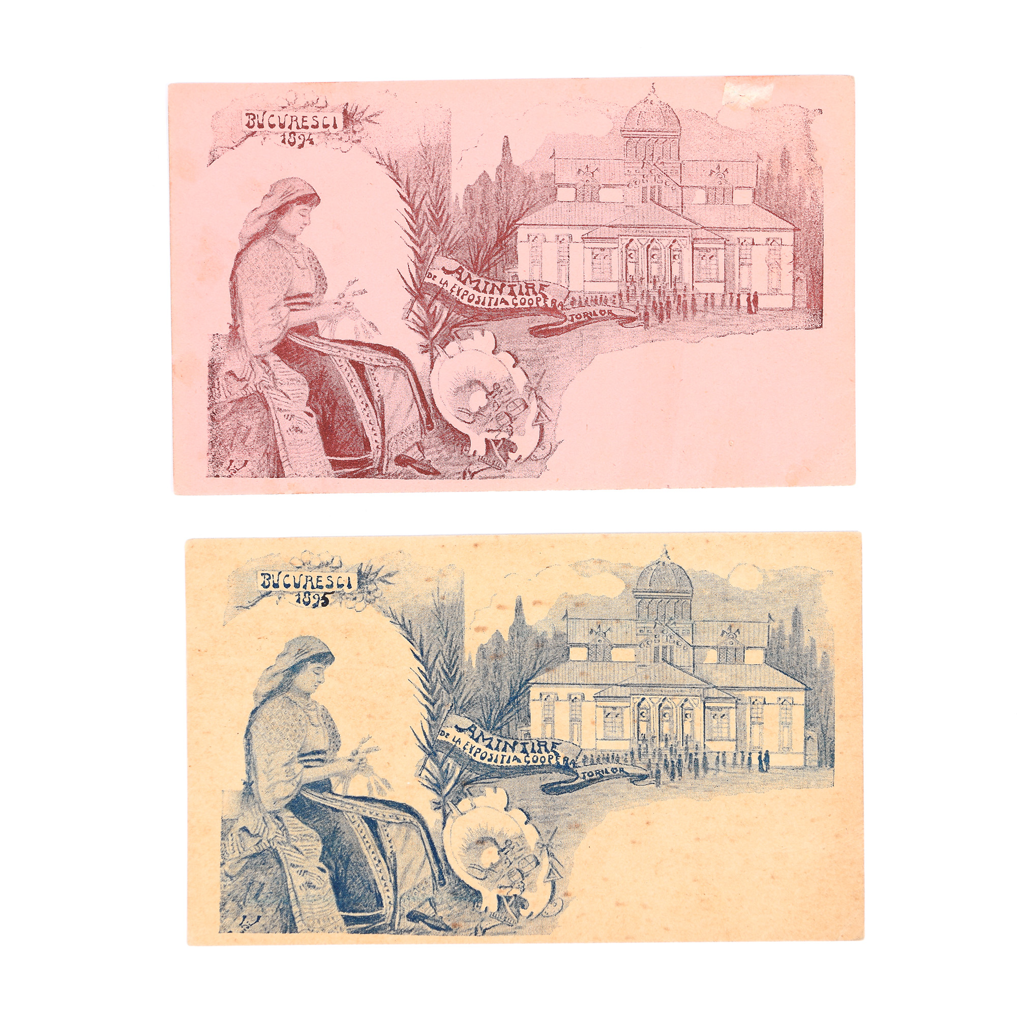 Lot format din primele două cărți poștale românești, desenate de Constantin Jiquidi, București, 1894-1895, piese extrem de rare, de colecție