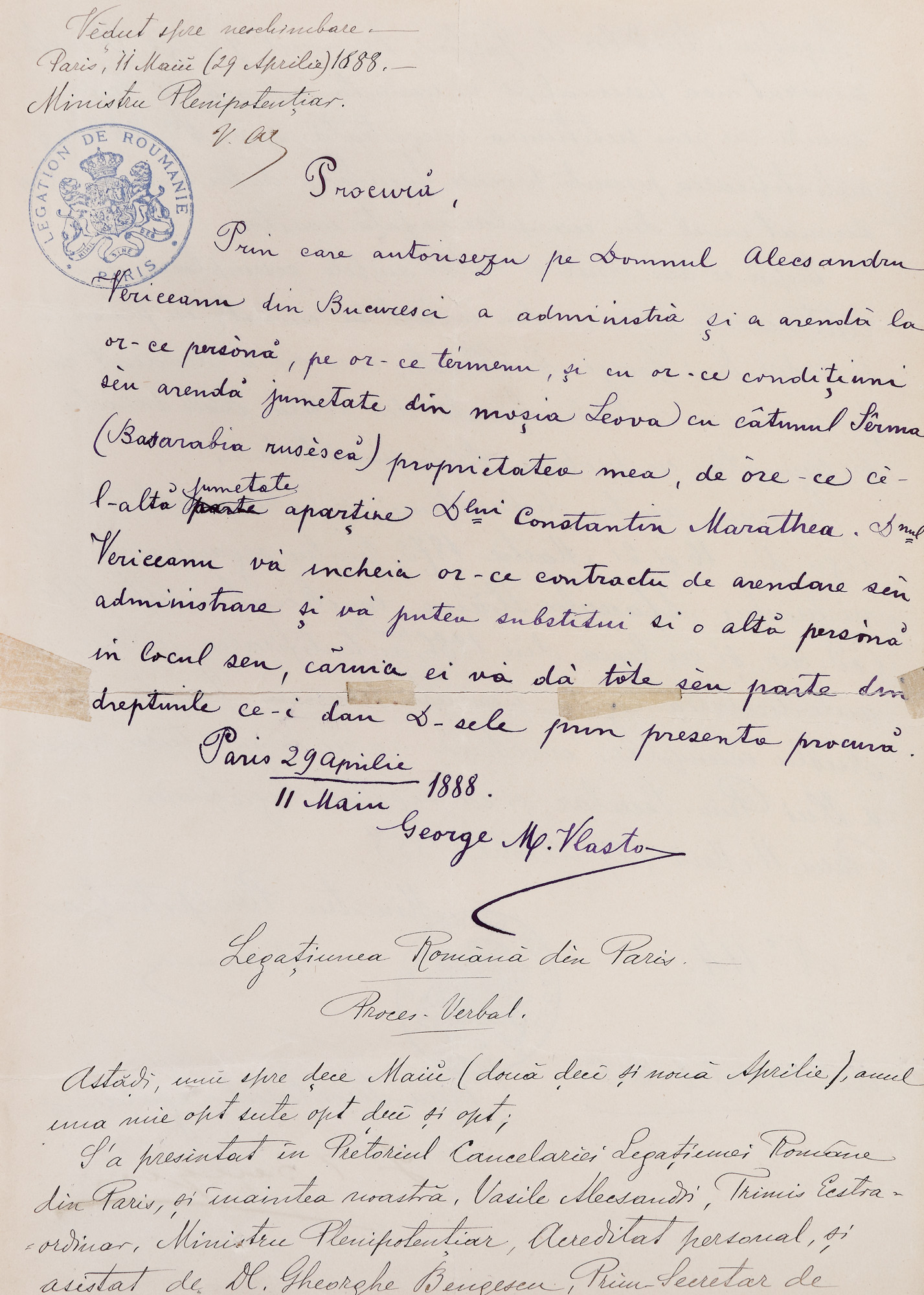 Procură acordată în vederea arendării unei moșii basarabene, de George Vlasto, boier român mutat la Paris, autentificată de Vasile Alecsandri, șef al Legației Române la Paris, 1888, cu semnatura sa olografă