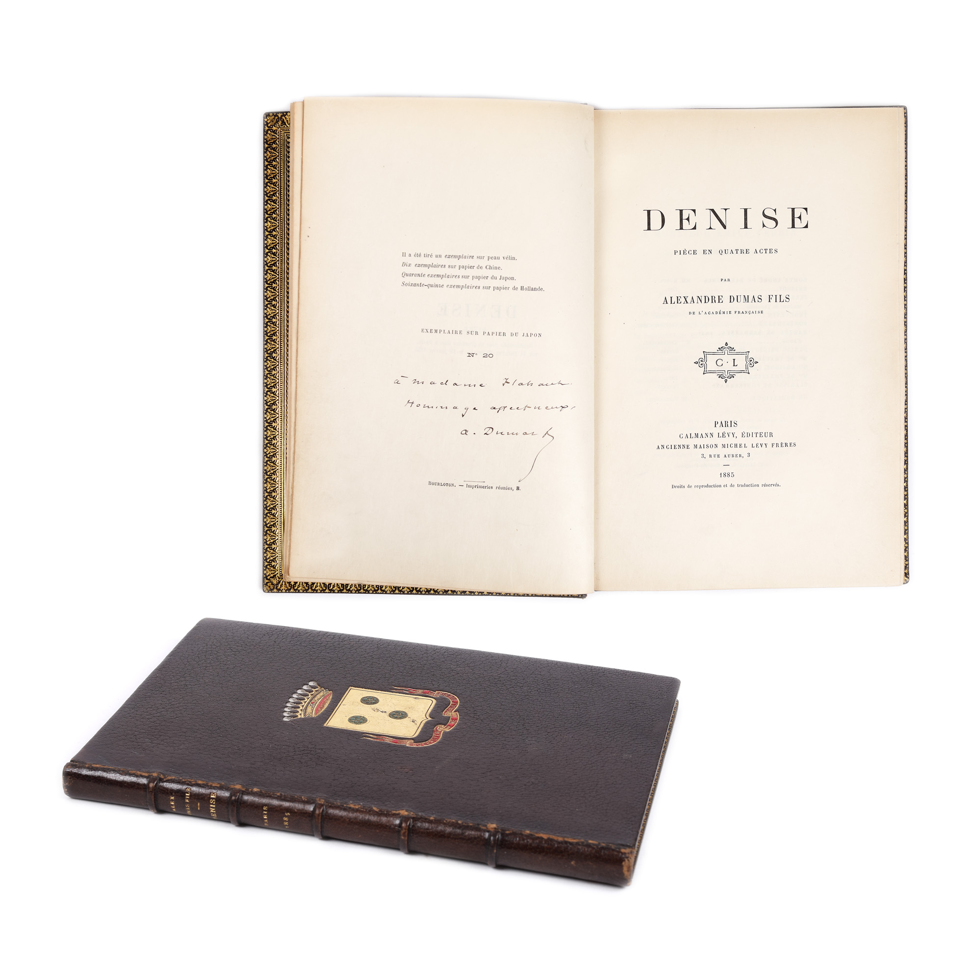 ”Denise”, de Alexandre Dumas-fiul, franceză, Paris, 1885, exemplar bibliofil de lux, cu dedicația și semnătura olografă a acestuia, de colecție