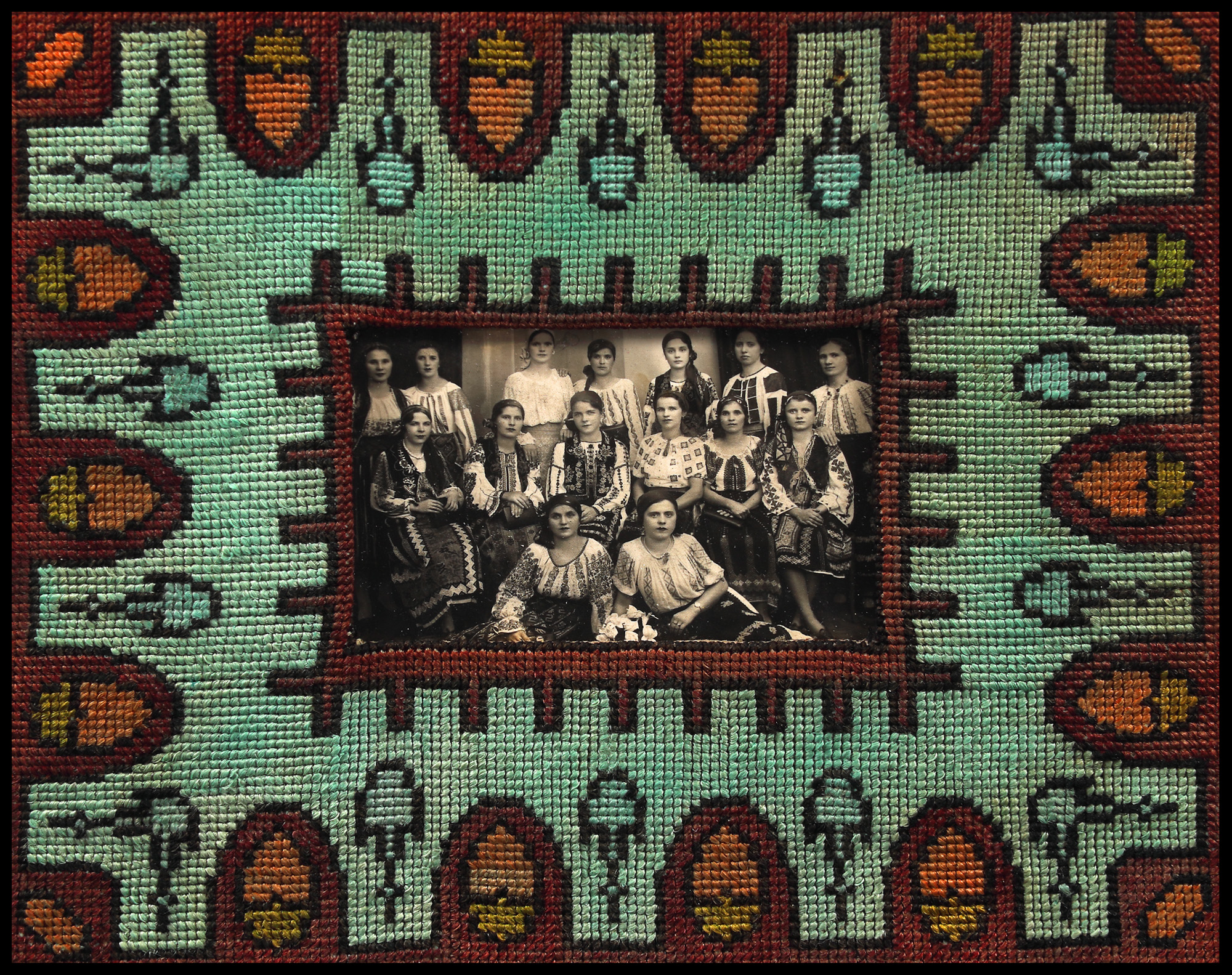 A group of women dressed in folk costumes, photograph, Studio Foto Maza workshop, Muntenia, first half of the 20th century, with a special paspartu with traditional motifs