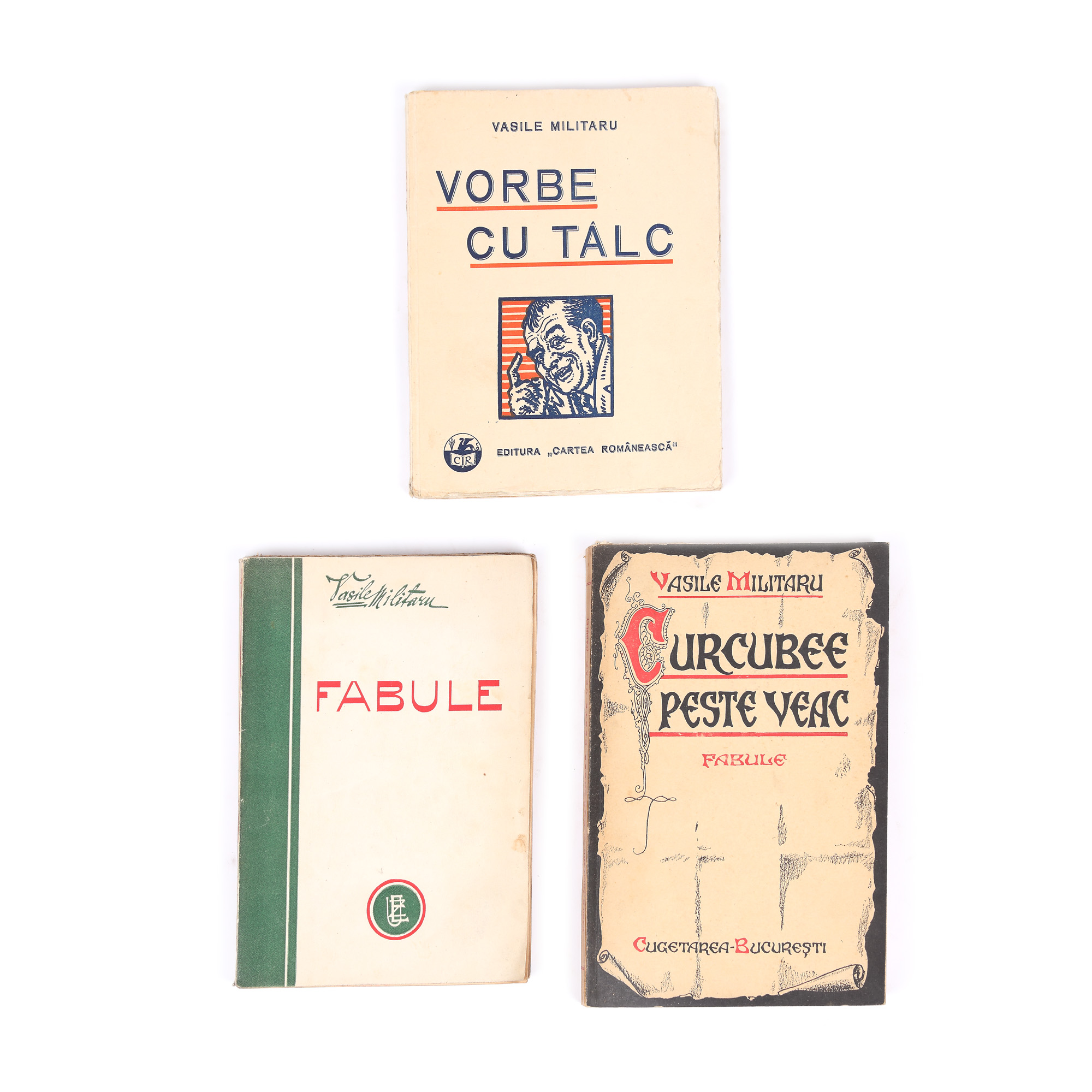 Lot format din ”Curcubee peste veac”, ”Fabule” și ”Vorbe cu tâlc”, de Vasile Militaru, 1928-1937, cu dedicația autorului