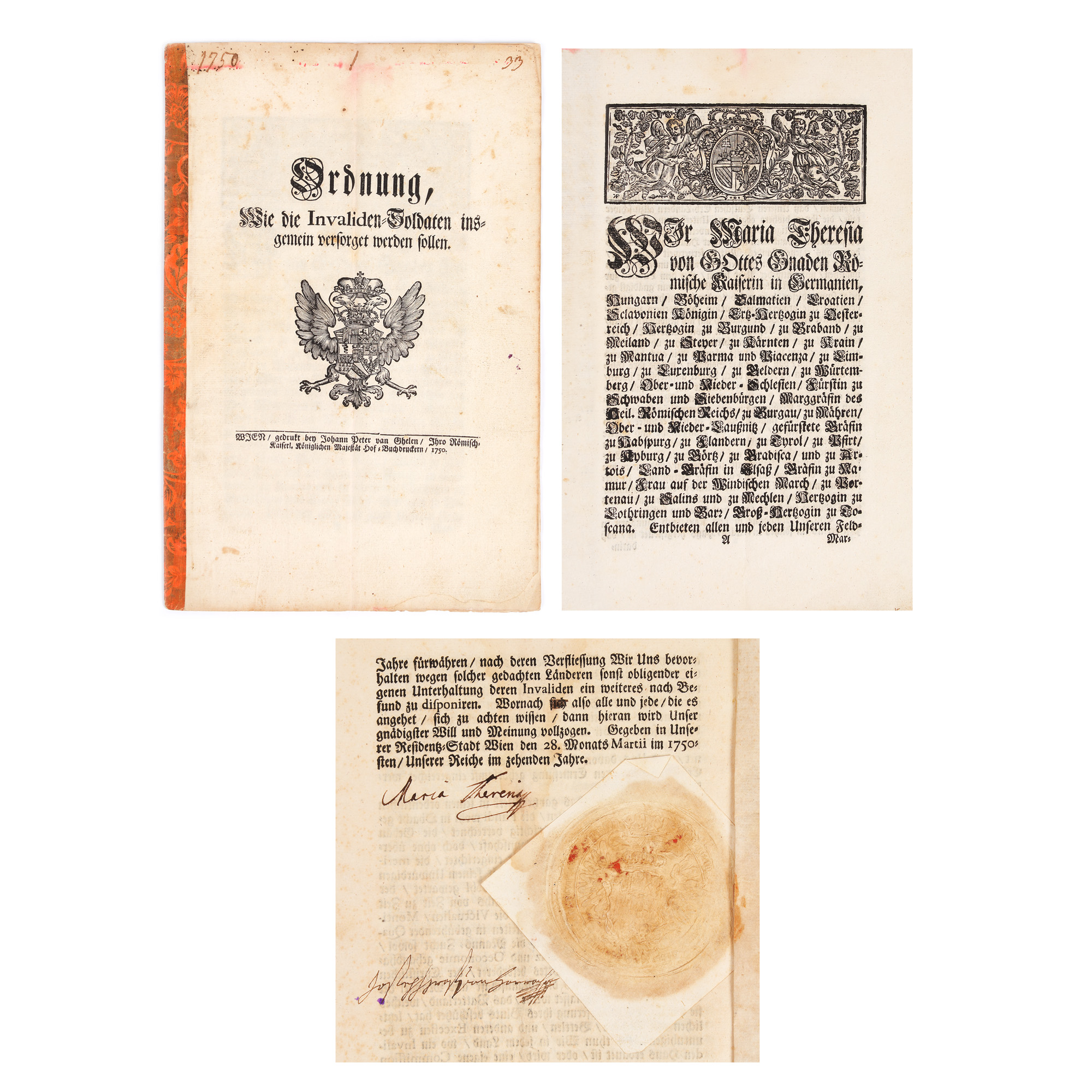 Decret eliberat de Maria Theresa privind drepturile acordate invalizilor, Viena, 28 martie 1750, cu semnătura olografă a împărătesei și sigiliu regal, de colecție