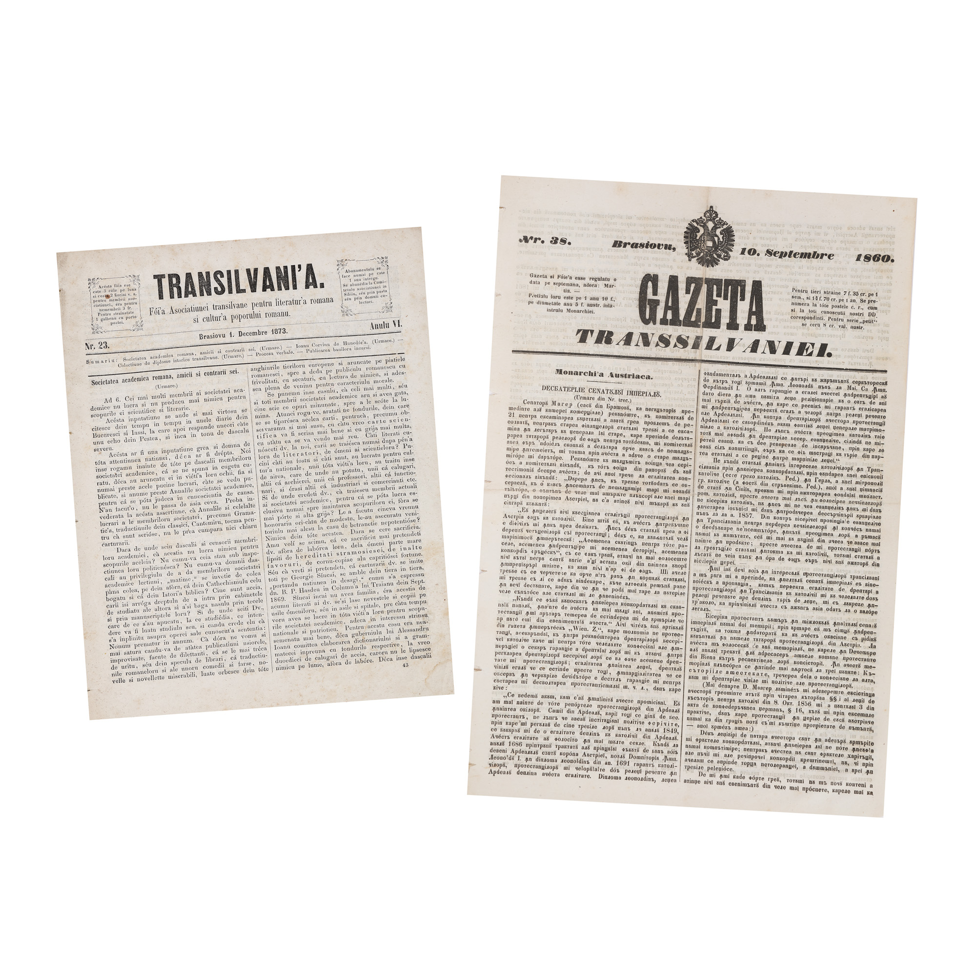 The first Romanian political newspaper in Transylvania, founded by George Barițiu, "Gazeta Transilvaniei", no. 38, Brașov, September 10, 1860, and "Transilvania - Foaie Asociațiunei transilvane pentru literatura română și cultura poporului român (Astra)", no. 23, Brașov, December 1, 1873, rare item