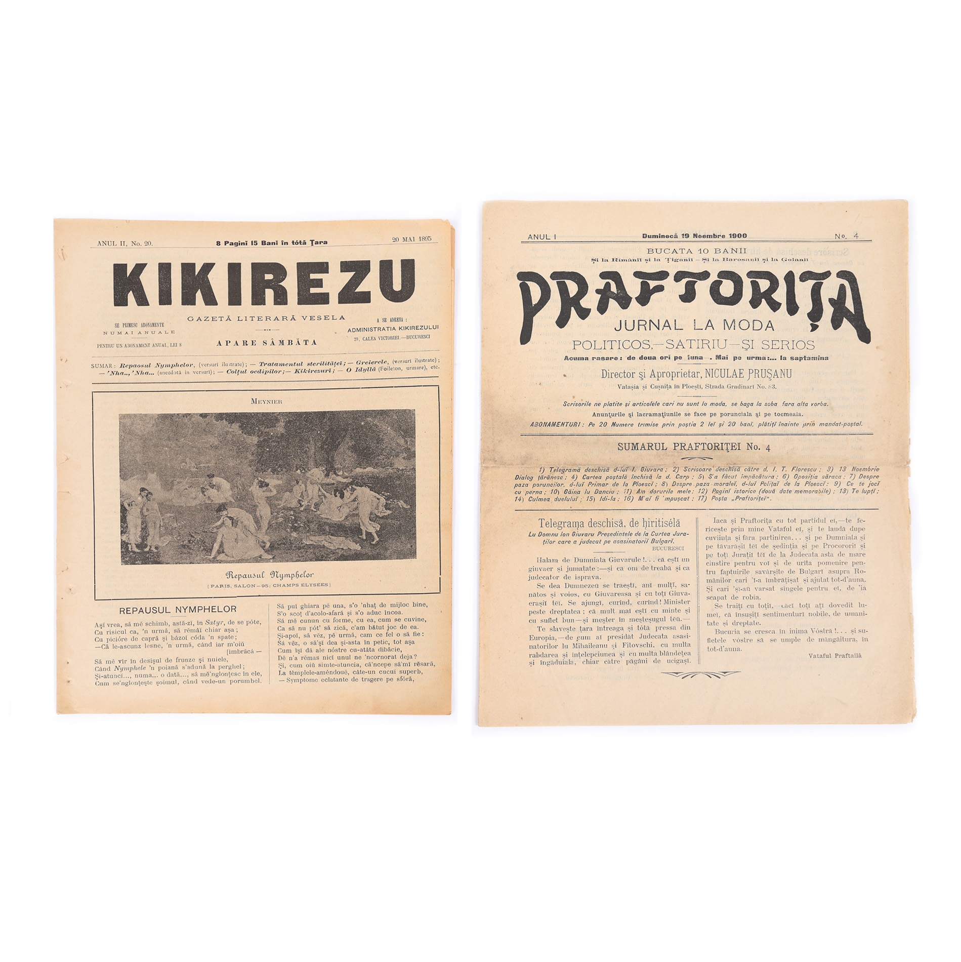 Lot format din ”Kikirezu”, numărul 20, București, 20 mai 1895, și ”Praftorița”, numărul 4, Ploiești, 19 noiembrie 1900, piesă rară