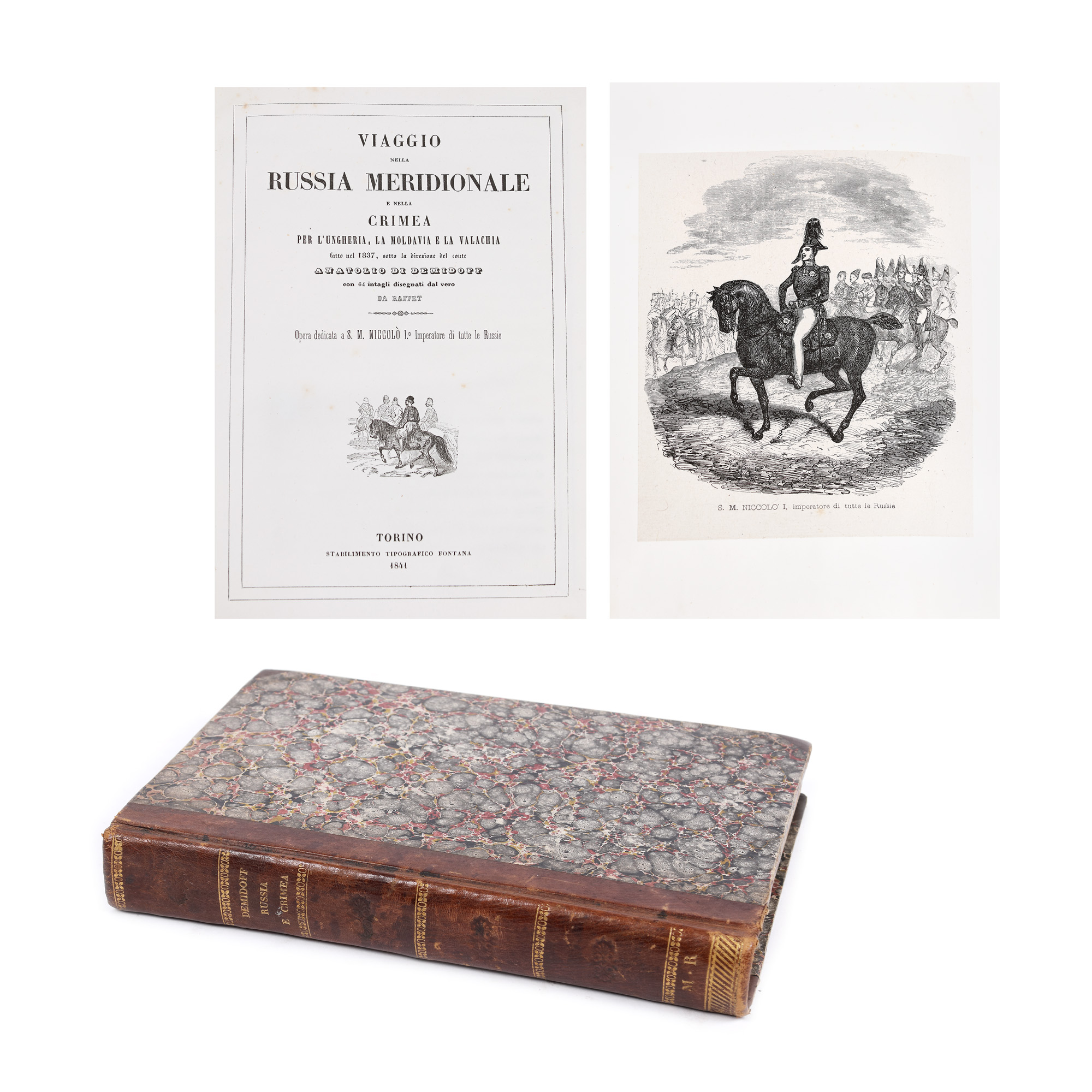 "Journey to Southern Russia and Crimea, Hungary, Moldavia and Wallachia", by Anatole Demidoff, San Donato prince, Italian, Torino, 1841, work dedicated to Emperor Nicholas I of Russia, with 64 illustrations by Auguste Raffet, ex-libris M.R.